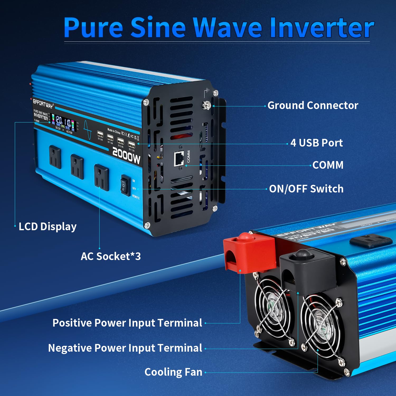 Effortway 2000W Pure Sine Wave Inverter 4000W (Peak) Dc 12V To Ac 110V/120V Converter With Lcd Display Wireless/Wired Remote Con