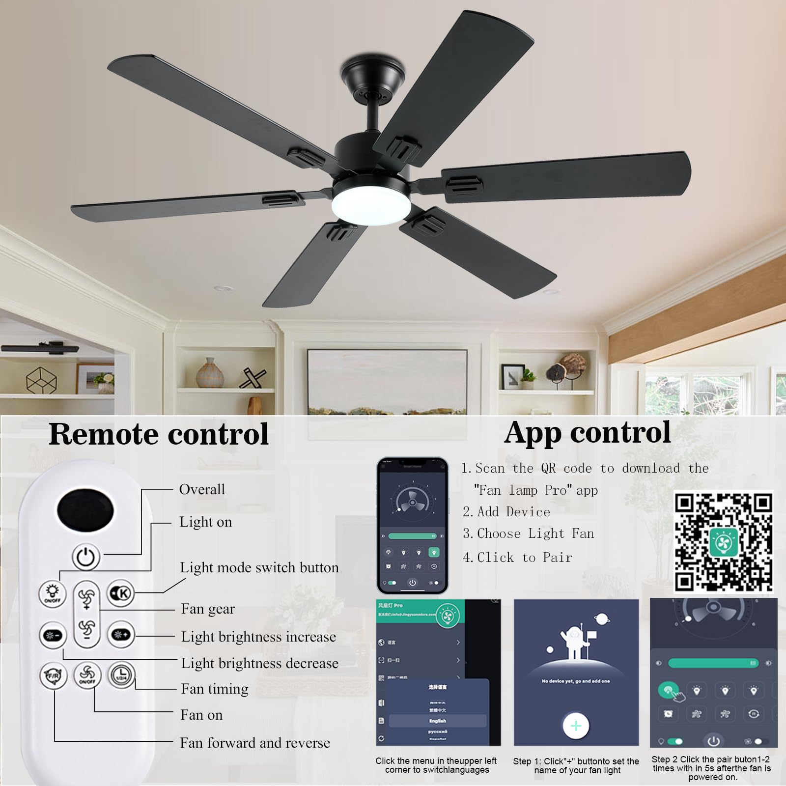 56Inch Black Ceiling Fans With Lights And Remote/App Control, Dimmable Led, Reversible Dc Motor, Noiseless, 6 Double Side Blades