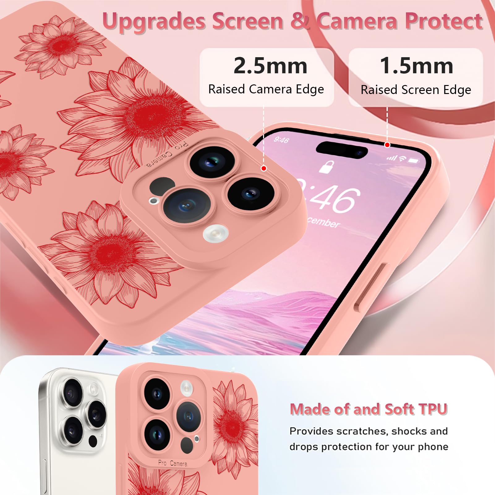 Ook Floral Case For Iphone 15 Pro Case, Cute Sunflower Floral Blooms Design Soft Tpu Shockproof Protective For Women Girls Slim