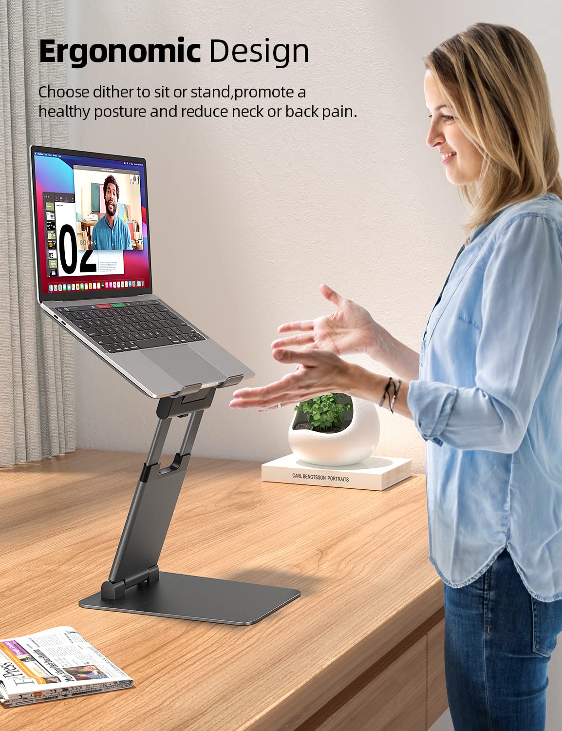 Nulaxy Height Adjustable Laptop Stand For Desk, Dual Foldable Aluminum Computer Riser, Pull Out Design Ergonomic Sit To Notebook Holder Convertor, Compatible With All 10 17' Laptops, Tablets, Gray