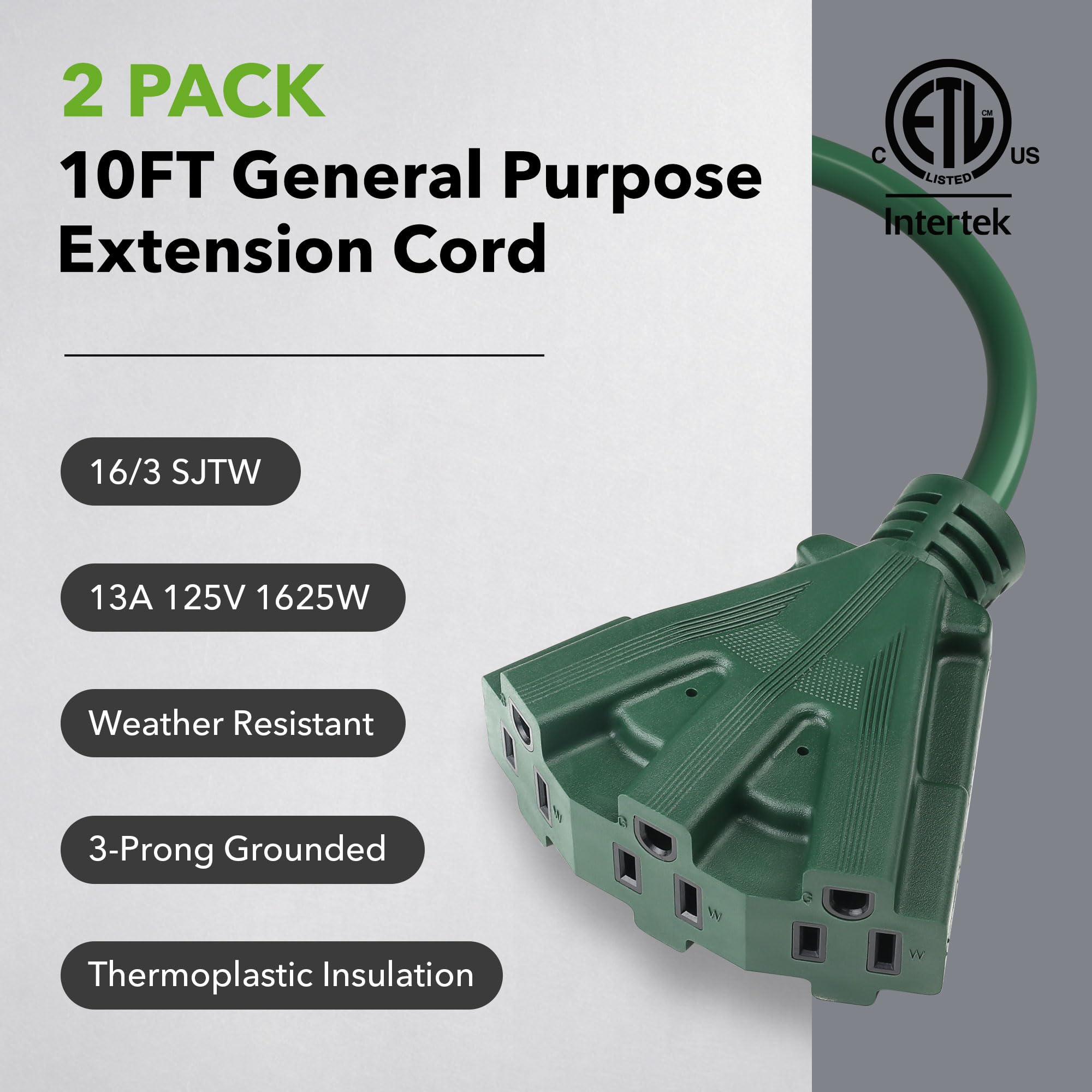 Bn Link Outdoor Extension Cord With 3 Outlets, 13 Amp Power Cord, 16/3 Sjtw, 3 Prong Grounded Plug, For Holiday Decorations & La