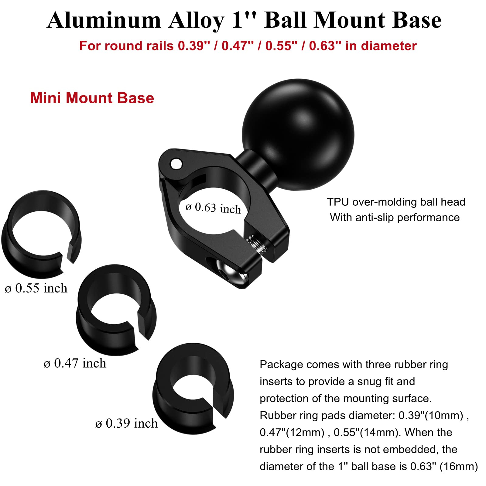 Brcovan Aluminum Alloy Mini Mount Base With 1'' Tpu Ball For Round Rails Diameter 0.39''/10Mm, 0.47''/12Mm, 0.55''/14Mm, 0.63''/16Mm, Compatible With Ram Mounts B Size 1 Inch Ball Double Socket Arm