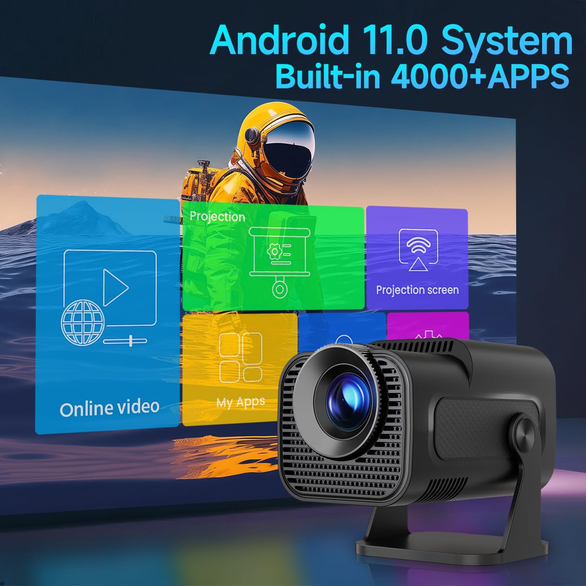 Mini Projector Portable With Android 11, Smart Projector 1080P Full Hd 4K Support, Outdoor Projector Wifi6 Bt5.0 300Ansi 12000Lu