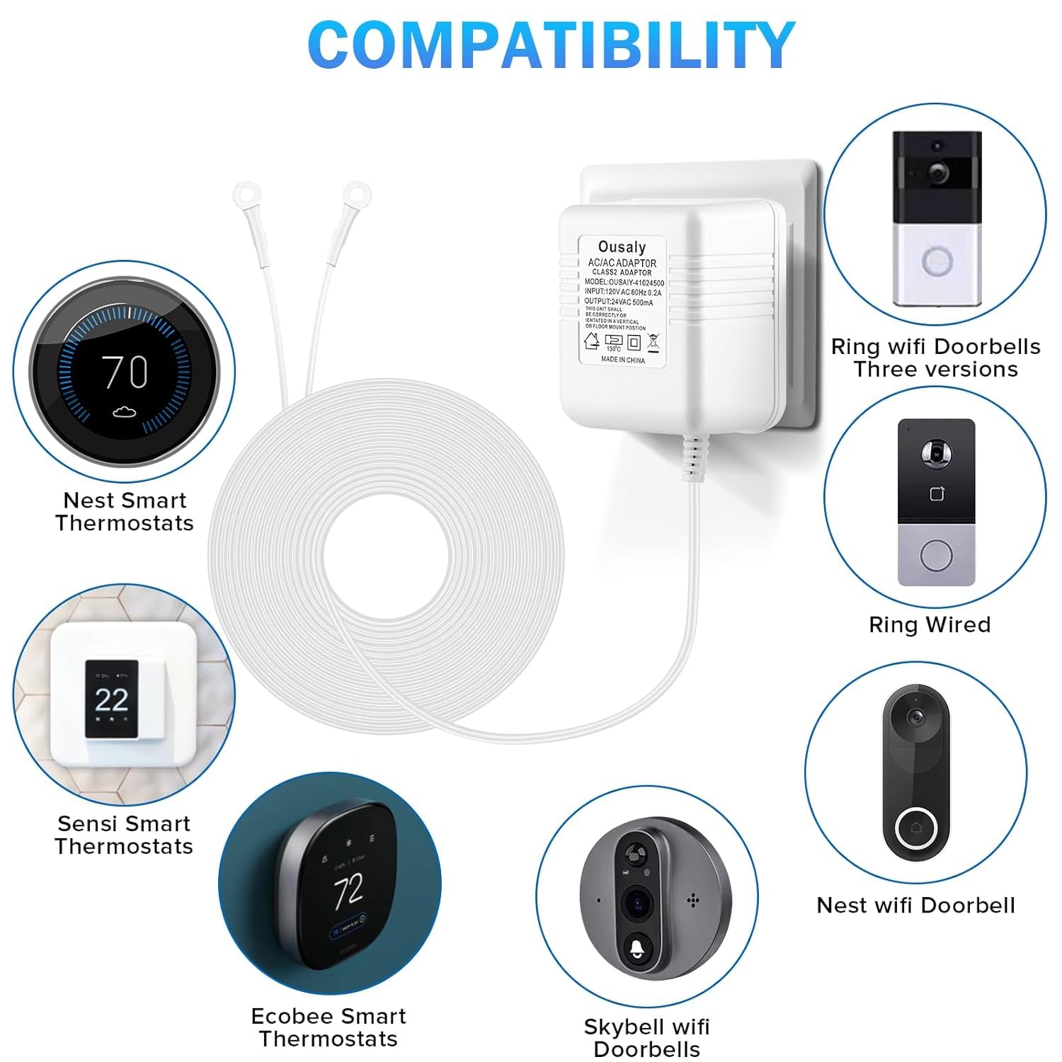 Ousaly Doorbell Power Adapter, 24V Transformer Compatible With Ring Doorbell,Video Doorbell,Nest, Ecobee, Sensi And Honeywell Th