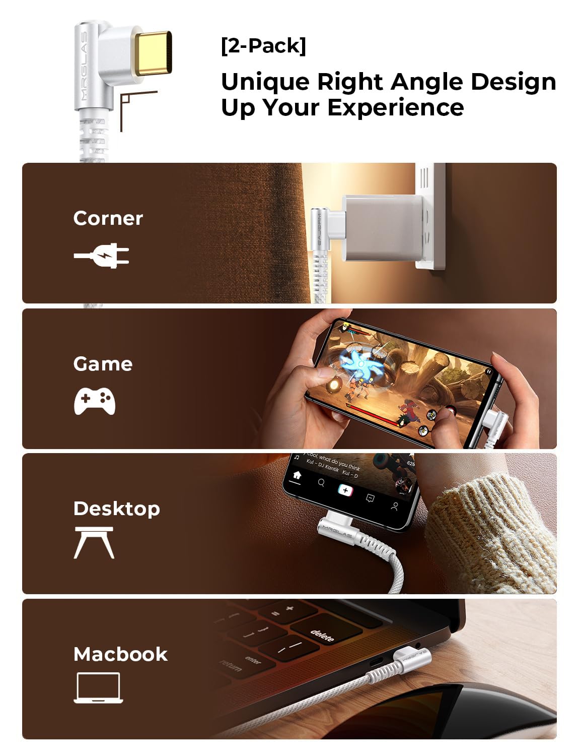 Mrglas 2 Pack 100W/5A Usb C To Usb C Cable 6.6Ft, [User Friendly 90 Degree] Usbc To Usbc Fast Charging Cable, [Never Rupture] Fo