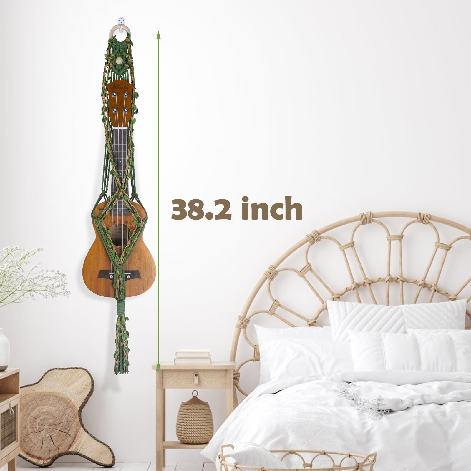 Macrame Ukulele Hanger Wall Mount - Handwoven Holder For Soprano Ukulele, Boho Wall Decor, Natural Cotton Rope With Protective P