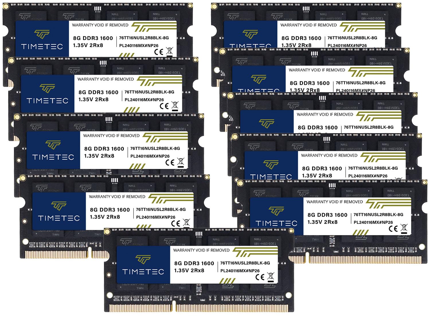 Timetec 80Gb Kit(10X8Gb) Ddr3L / Ddr3 1600Mhz (Ddr3L 1600) Pc3L 12800 / Pc3 12800 Non Ecc Unbuffered 1.35V/1.5V Cl11 2Rx8 204 Pi