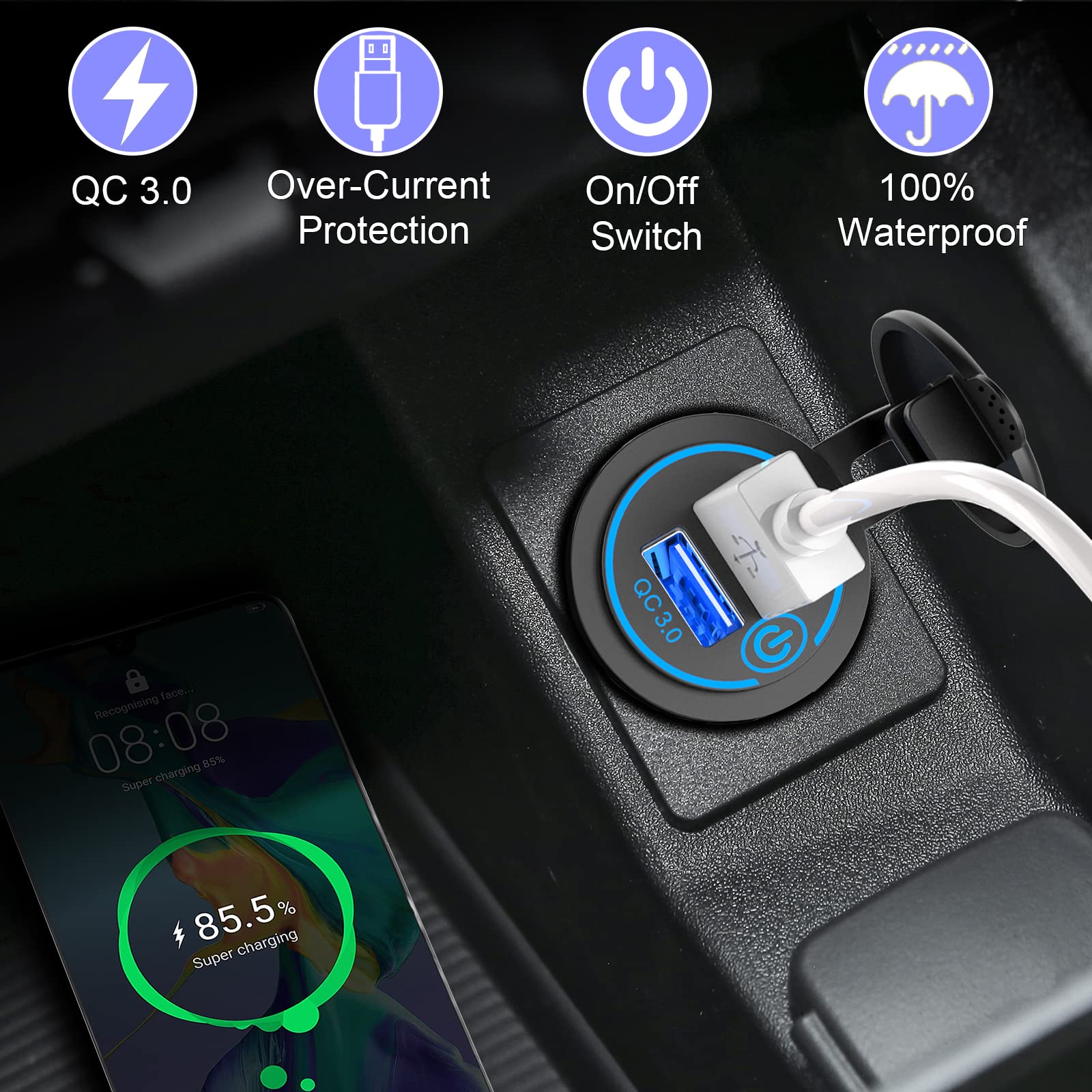 Qidoe 36W Dual Qc3.0 Usb Power Charger Socket, Waterproof 12V Usb Outlet With Touch Switch Car Usb Port For Rv Motorcycle Boat M