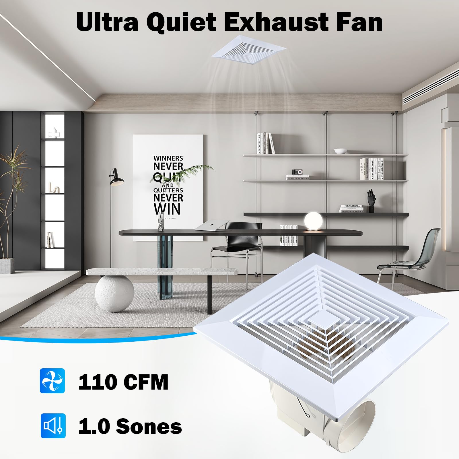 Feiton 110 Cfm Bathroom Fan Exhaust Fan Ceiling Mount, 26W, 110V, 1.0 Sones, Square Quiet Ventilation Fan, 4 In Duct, 9.1 X 9.1