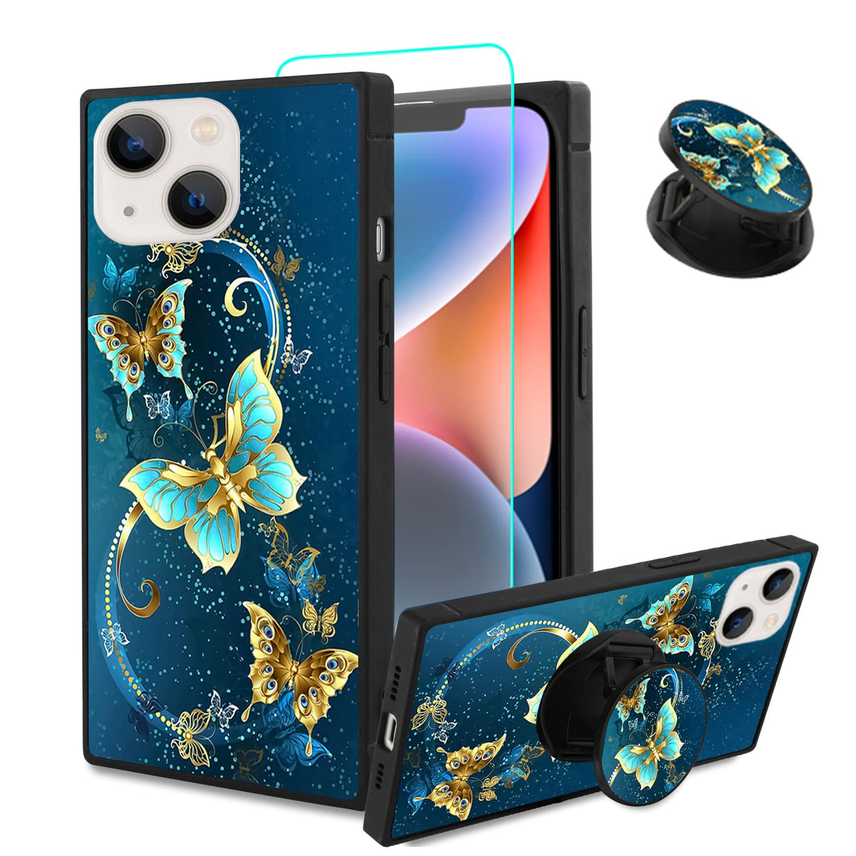 Sakuulo Iphone 14 Plus Case,[Screen Protector + Kickstand] Square Cute Blue Butterfly Print Design Soft Tpu Edge Protection Shoc