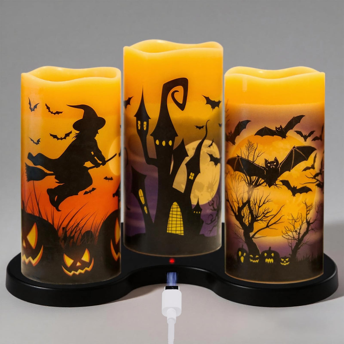Dromance Rechargeable Halloween Flameless Candles Battery Operated With 6 Hour Timer Real Wax Flickering Led Pillar Candles Bats