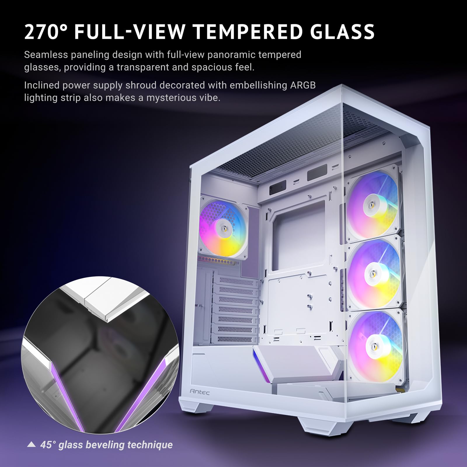 Antec C3 Argb White, 3 X 120Mm & 1 X 120Mm Argb Pwm Fans Included, Up To 8 Fans Simultaneously, Type C,Seamless Tempered Glass F