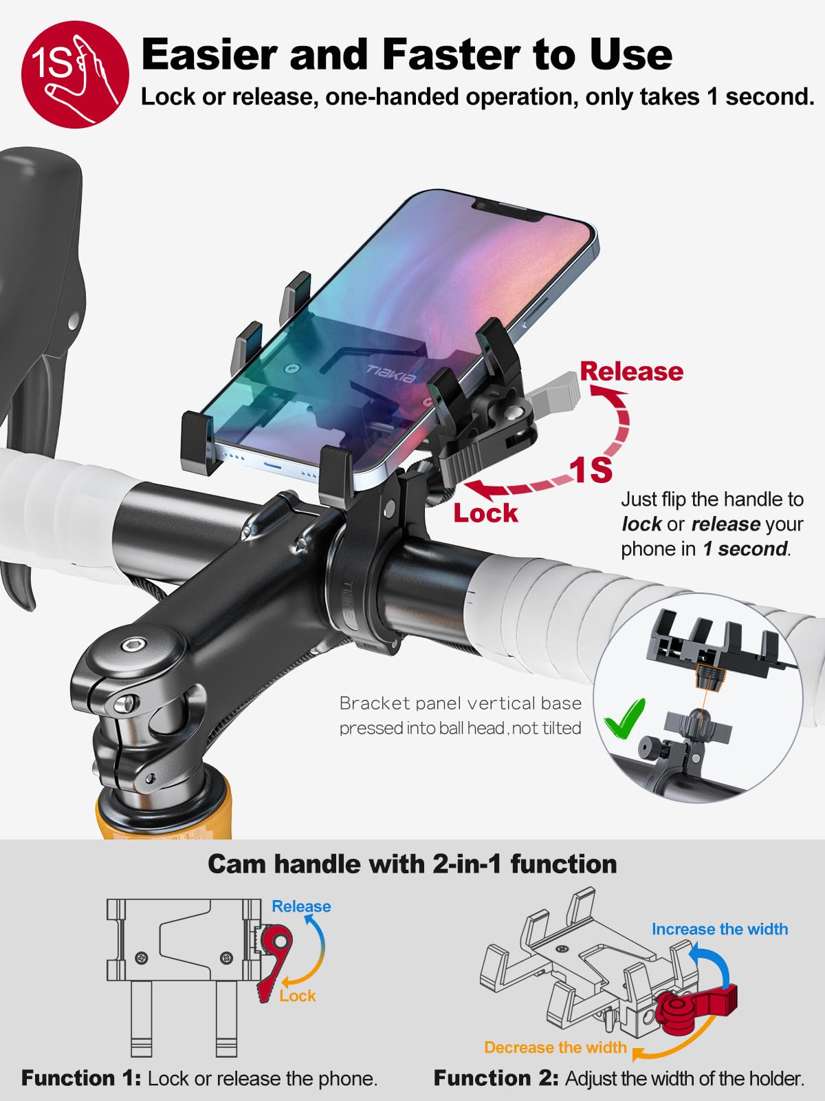Tiakia 2022 Bike Phone Mount Holder, Aluminum Motorcycle Phone Mount , Handlebar Mounted Cell Phone Holder For Bike, 360