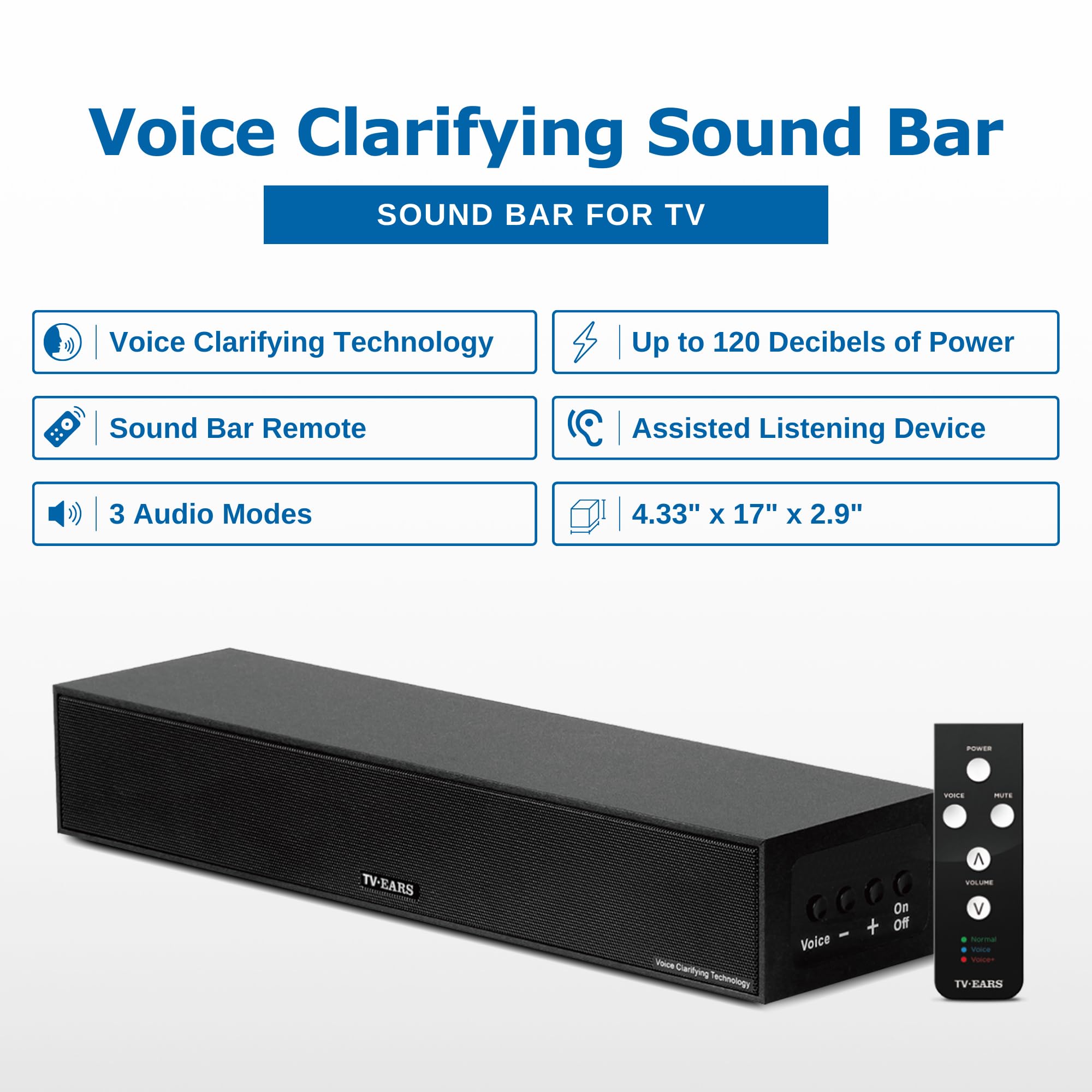 Tv  Ears Sound Bar For Tv   Voice Clarifying, Long Range Wireless Television Speakers   17'' Soundbar For Enhanced Dialogue On H