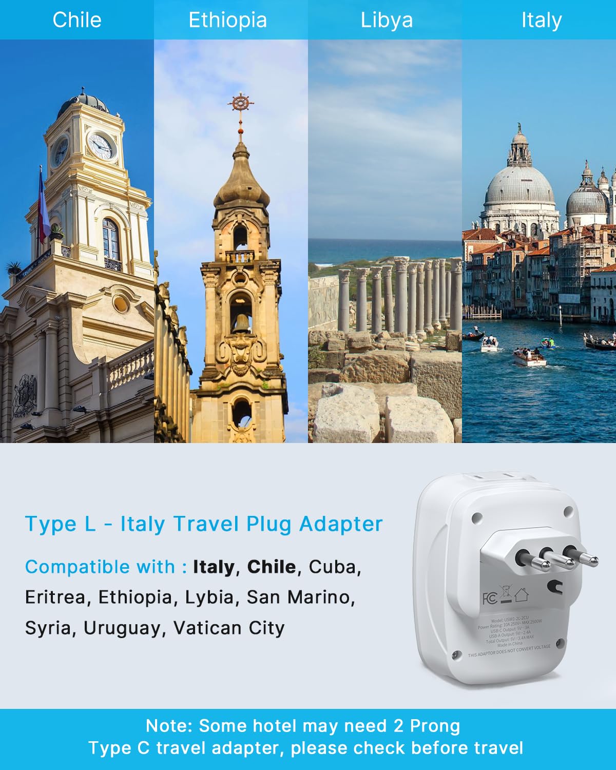 2 Pack Italy Travel Plug Adapter, Vintar Foldable Italy Power Adapter With 2 Ac Outlets 1 Usb And 2 Usb C Ports, 3 Prong Grounde