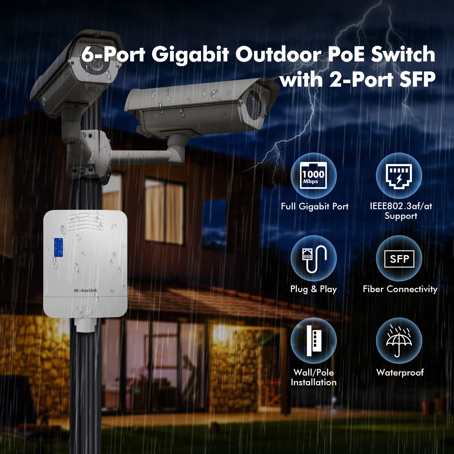 Mokerlink Outdoor 6 Port Gigabit Poe Switch, 4 Gigabit Poe, 2 Gigabit Sfp, 65W Ieee802.3Af/At, Ip65 Weatherproof Plug & Play Net
