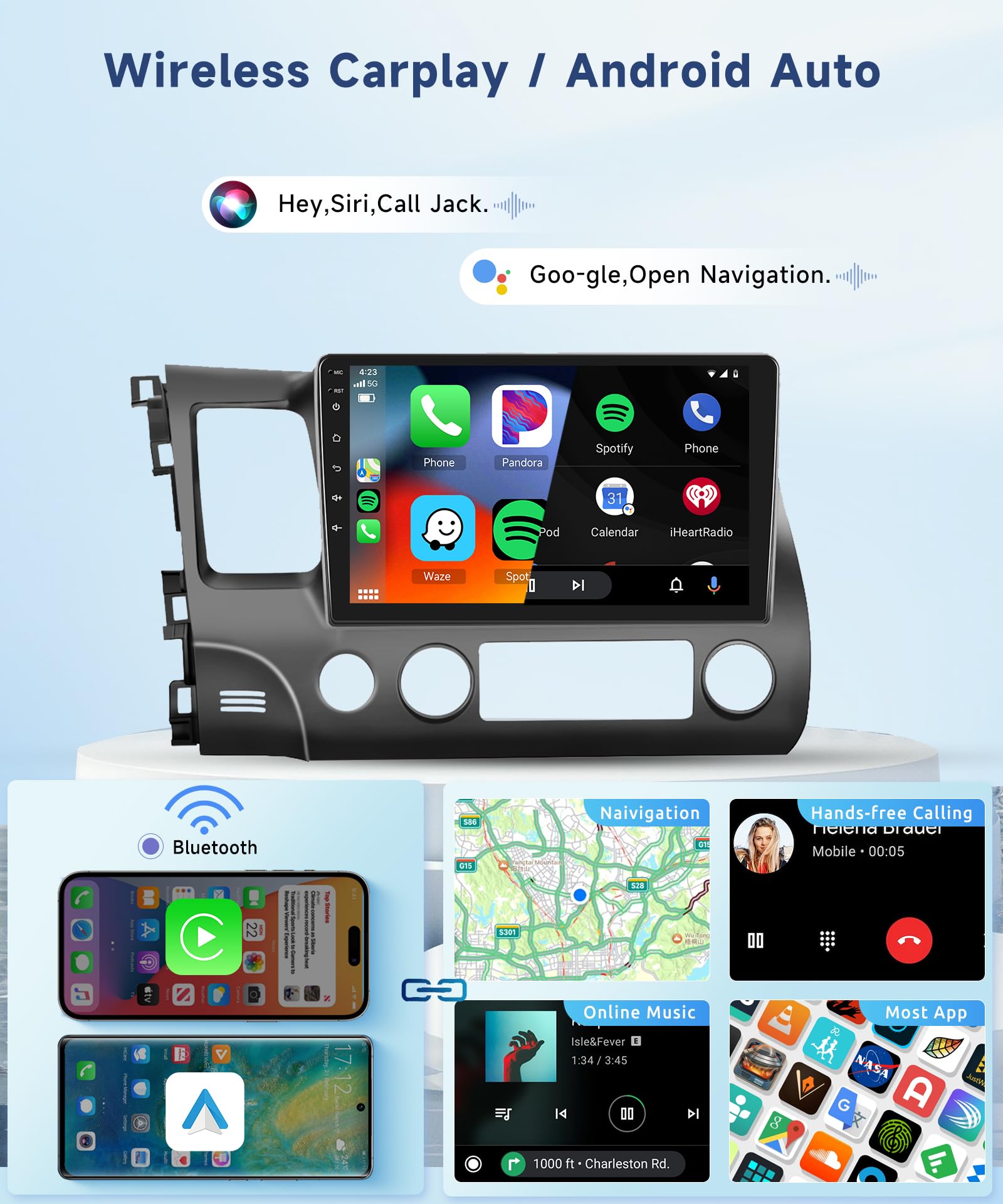 2G+64G Car Stereo Radio For Honda Civic 2006 2011 With Wireless Carplay Android Auto, 10.1 Inch Android 13 Touch Screen Head Unit, Hifi Audio Gps Navigation Wifi Bluetooth Swc Hd Backup Camera