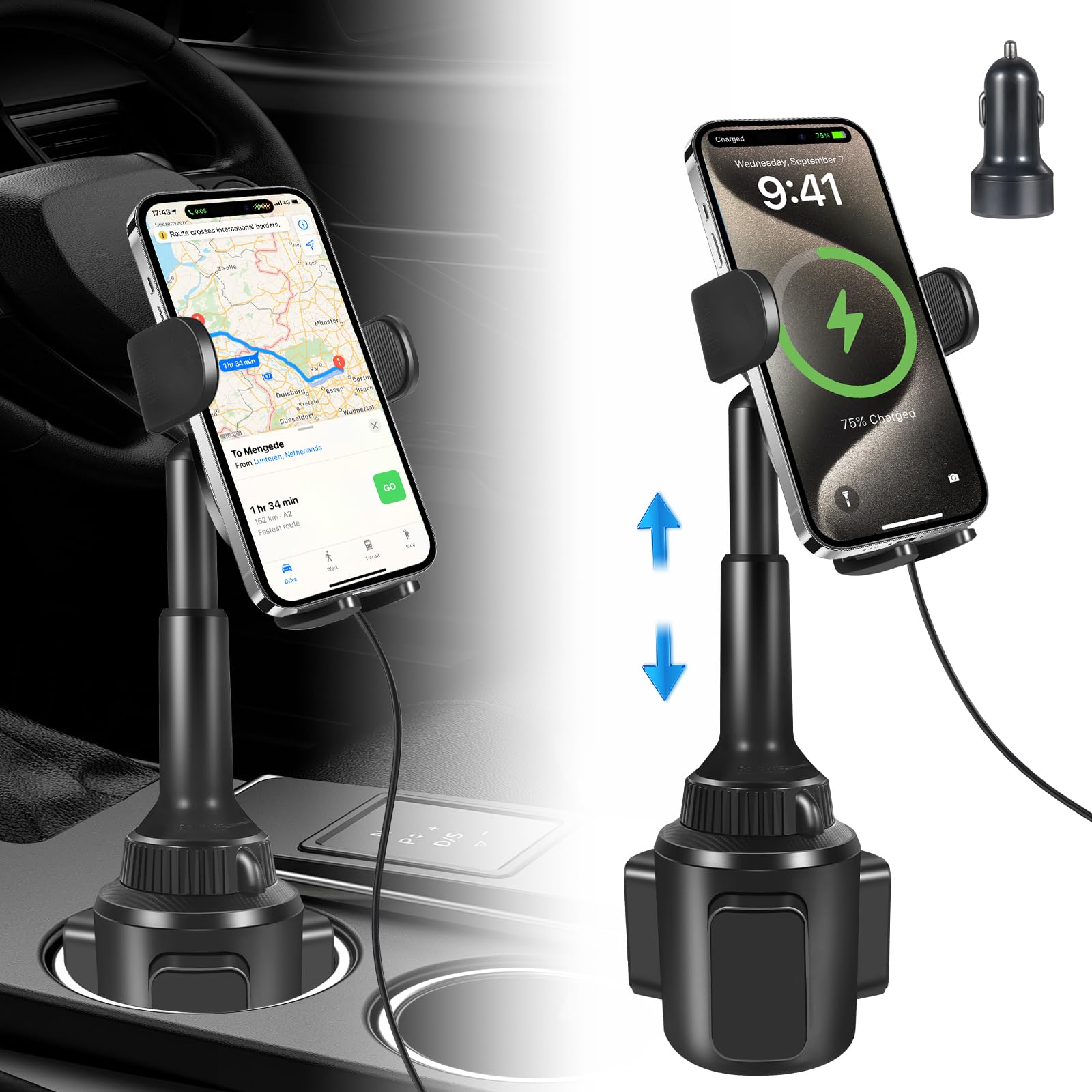 Degum Upgraded Wireless Car Charger, Cup Holder Phone Mount With 15W Fast Charging Phone Holder Adjustable Long Arm Height, Comp