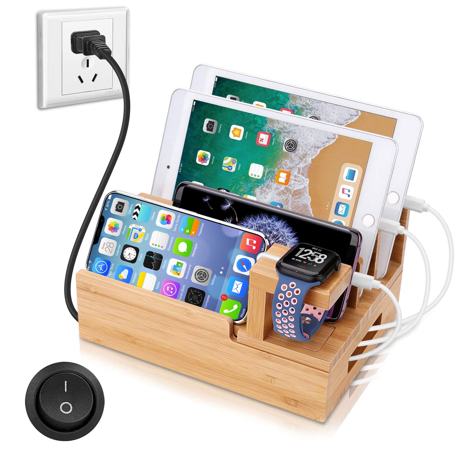 Othoking Charging Station Organizer,Fast Charging Station For Multiple Device 5 Port Usb Bamboo Wood Charging Dock,Universal App