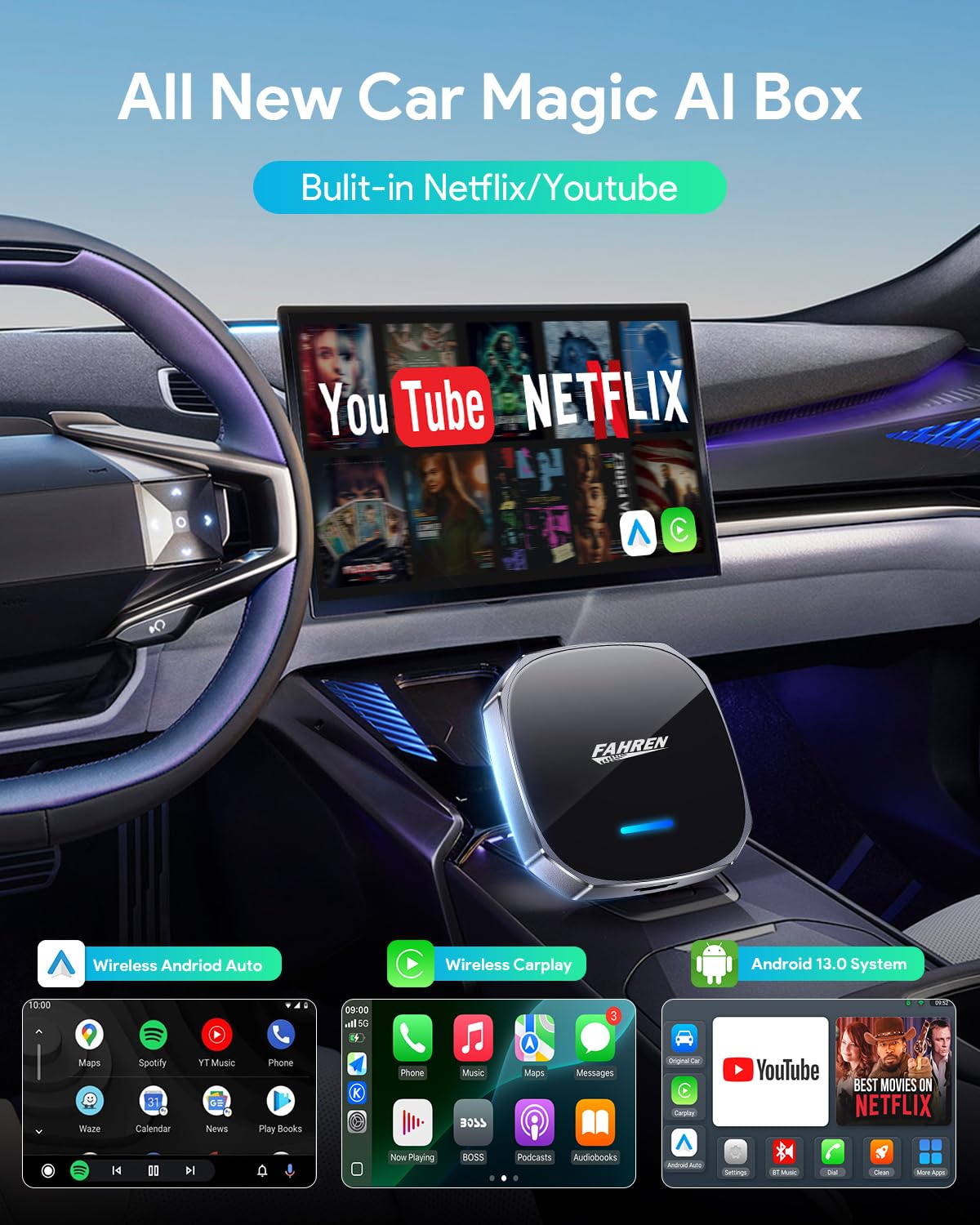 Fahren Wireless Carplay Adapter For Iphone, Support Netflix/Youtube/Tf Card, Mini Android Auto Wireless Adapter For Car, Plug An