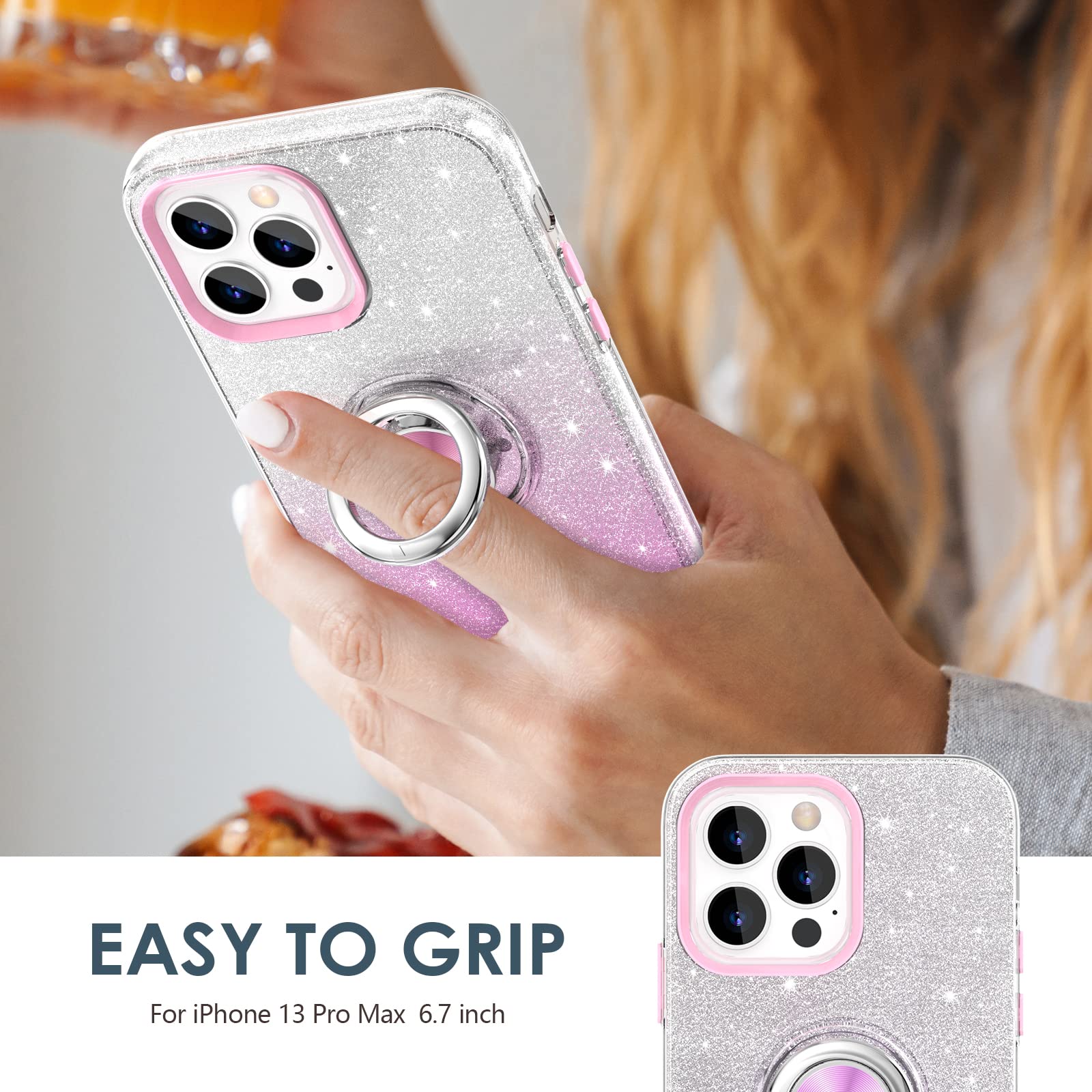 Hython For Iphone 13 Pro Max Case With Ring Stand [360 Rotatable Ring Holder Magnetic Kickstand][Support Car Mount] Cute Sparkly