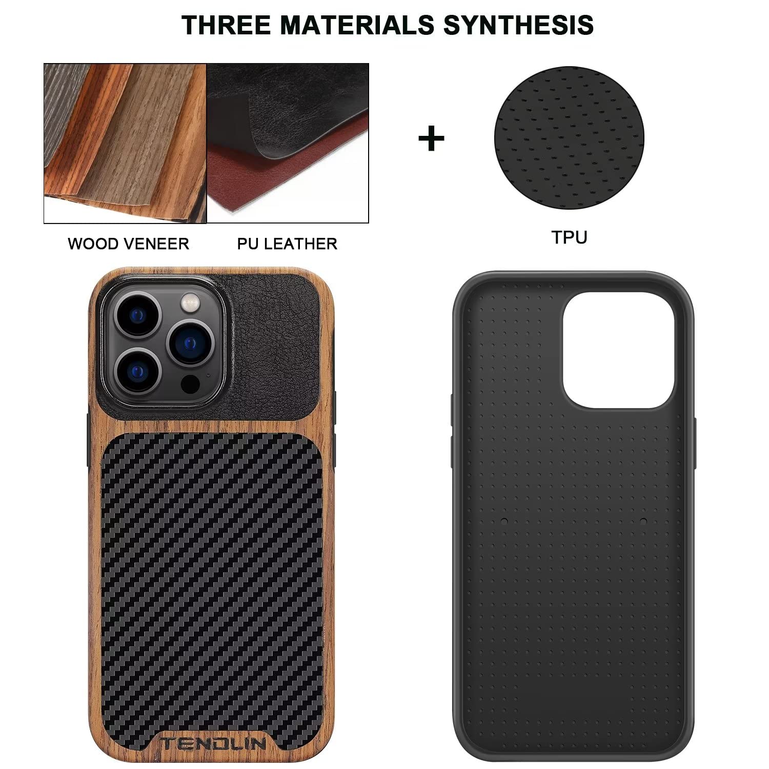Tendlin Compatible With Iphone 14 Pro Case Wood Grain With Carbon Fiber Texture Design Leather Hybrid Slim Case Black