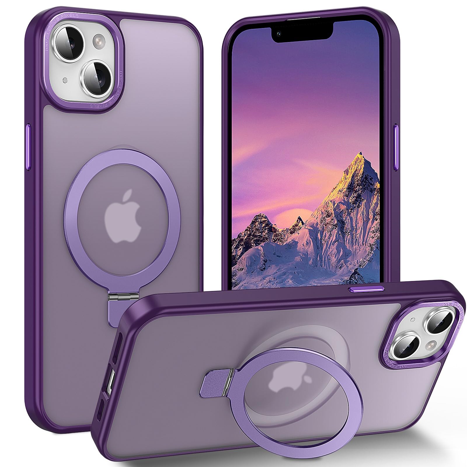 Lufanbis Magnetic For Iphone 14 Plus Case With Ring Stand, [10 Ft Drop Protection] [Velvety Touch] Slim Translucent Matte Back S