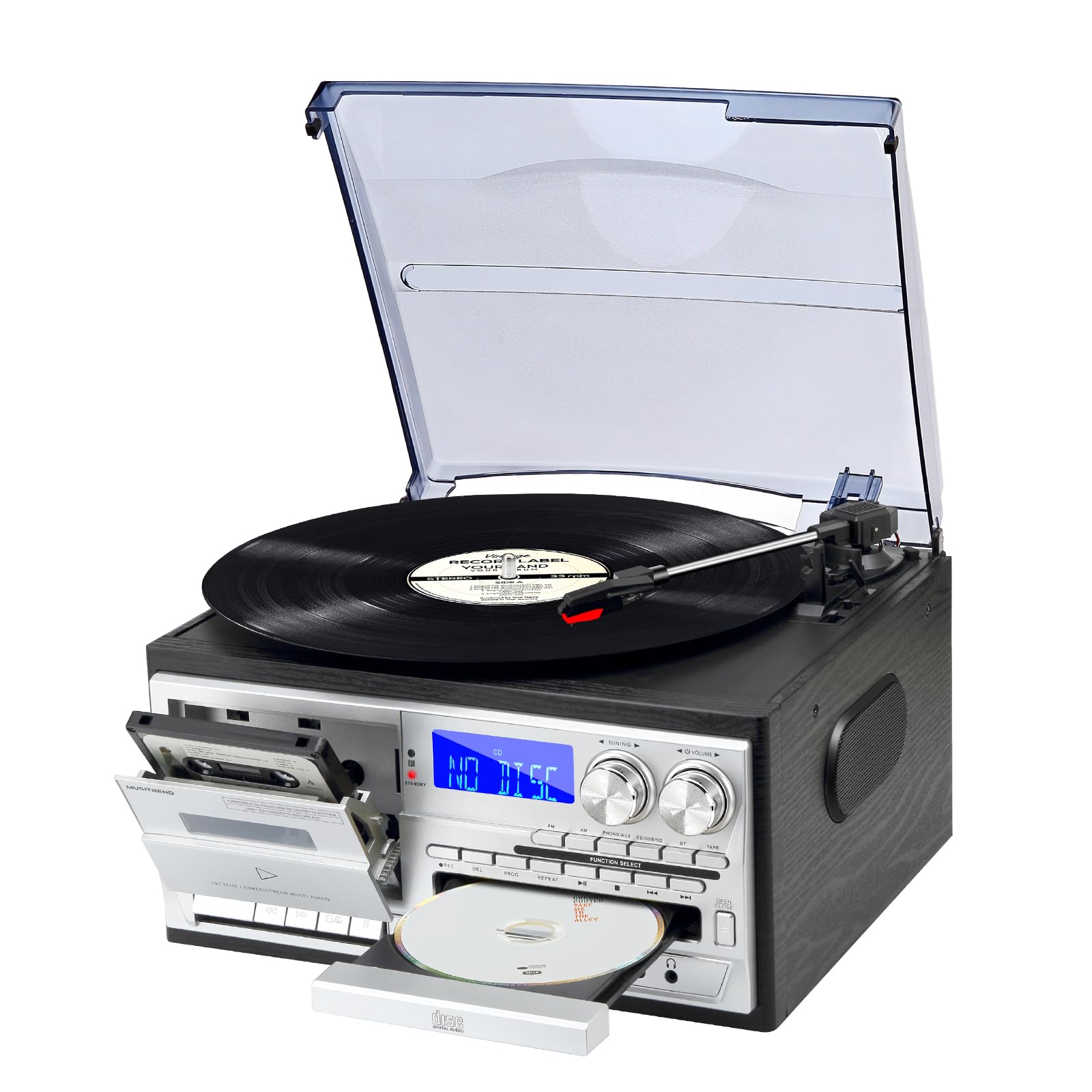 Musitrend 9 In 1 Record Player With External Speakers,3 Speed Bluetooth Turntable Vinyl Player With Cd/Cassette Play,Am/Fm Radio
