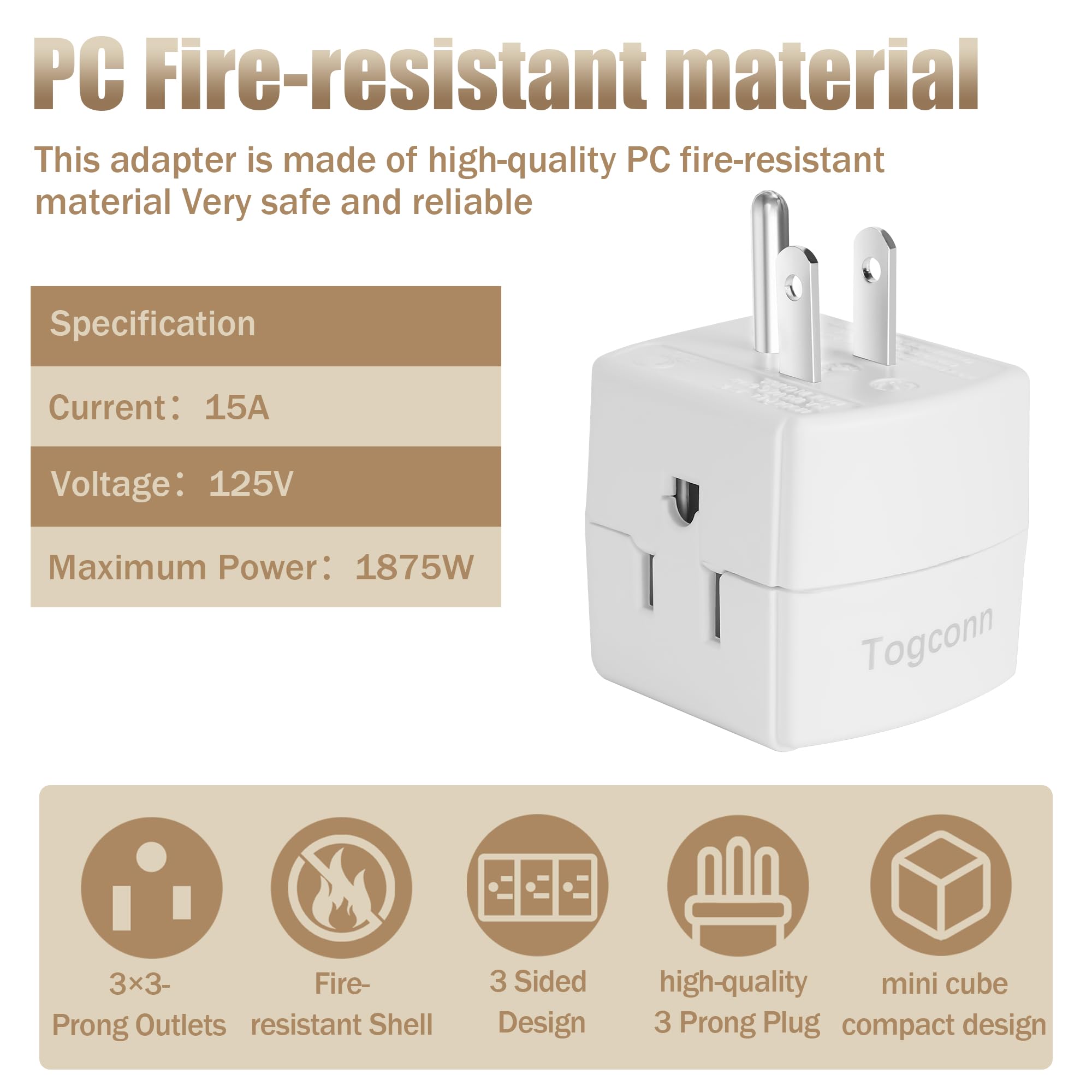 3 Outlet Extender Wall Tap Cube 2 Pack, 3 Prong Grounded Wall Tap, Easy Access Design, Adapter Spaced Outlets, Multiple Plug, Po