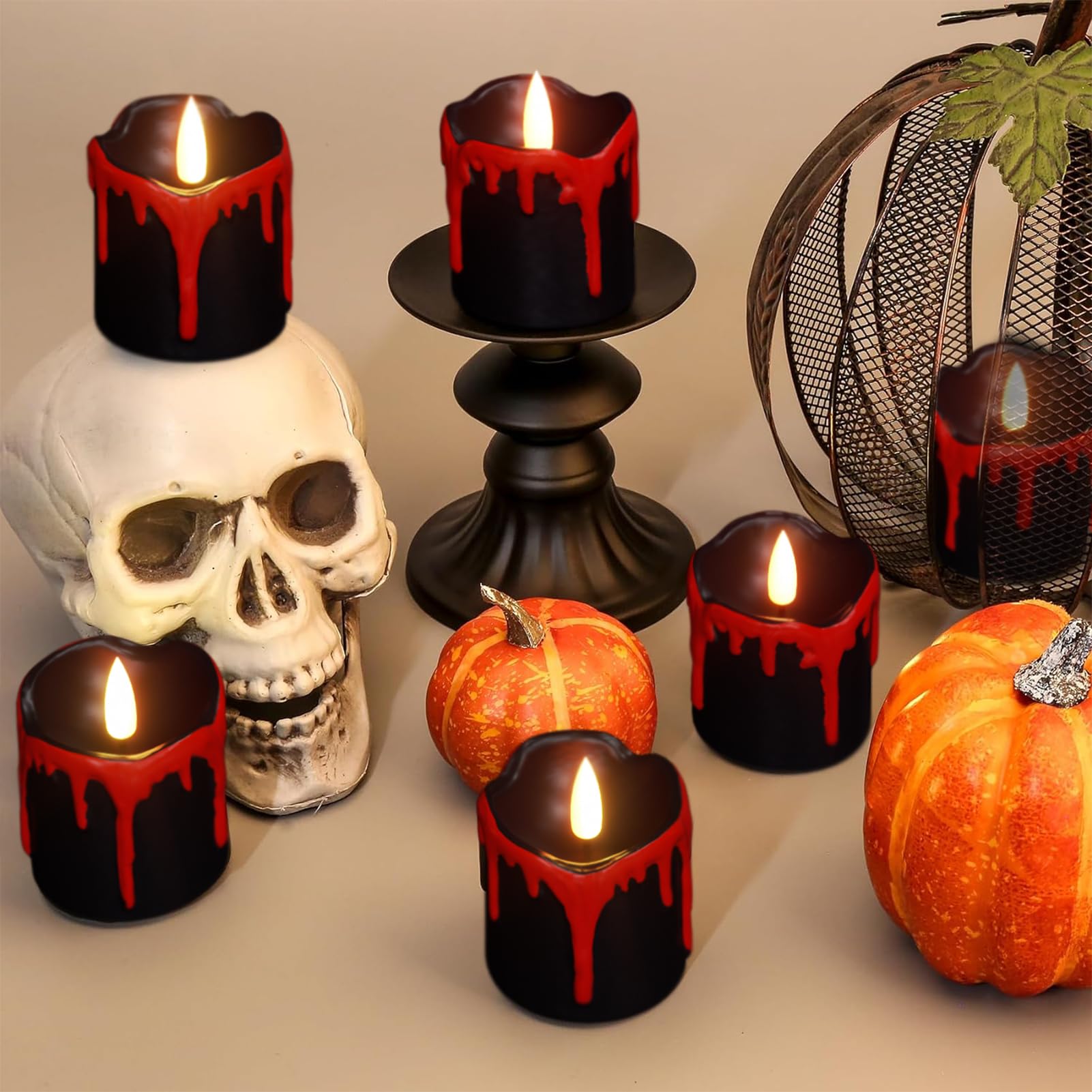 Wondise Halloween Black Flameless Candles With Timer, Battery Operated Votive Candles Tea Light With Blood Dripping Real Wax 3D