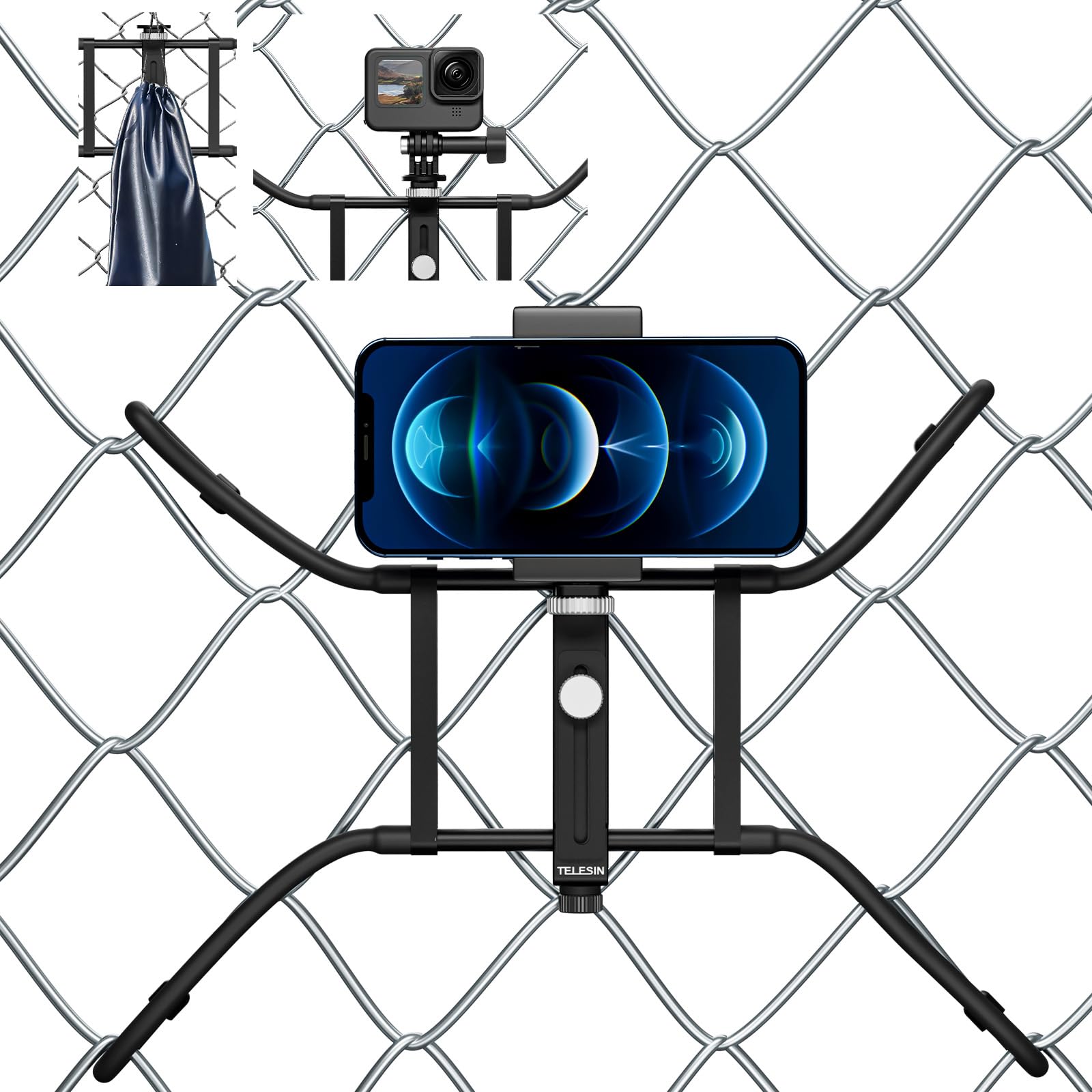 Telesin� Fence Mount With Flexible Clamp Arm For Phones Gopro 13 Dji Action 5 Pro, Mevo Start Backstop Camera, Softball, Tennis, Baseball, Football, Net/Chain Link Games Live Streaming Accessories