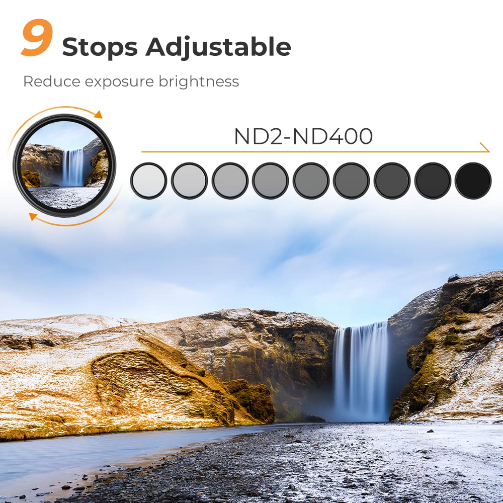 K&F Concept 46Mm Variable Nd2 Nd400 Nd Lens Filter (1 9 Stops) For Camera Lens, Adjustable Neutral Density Filter With Microfibe