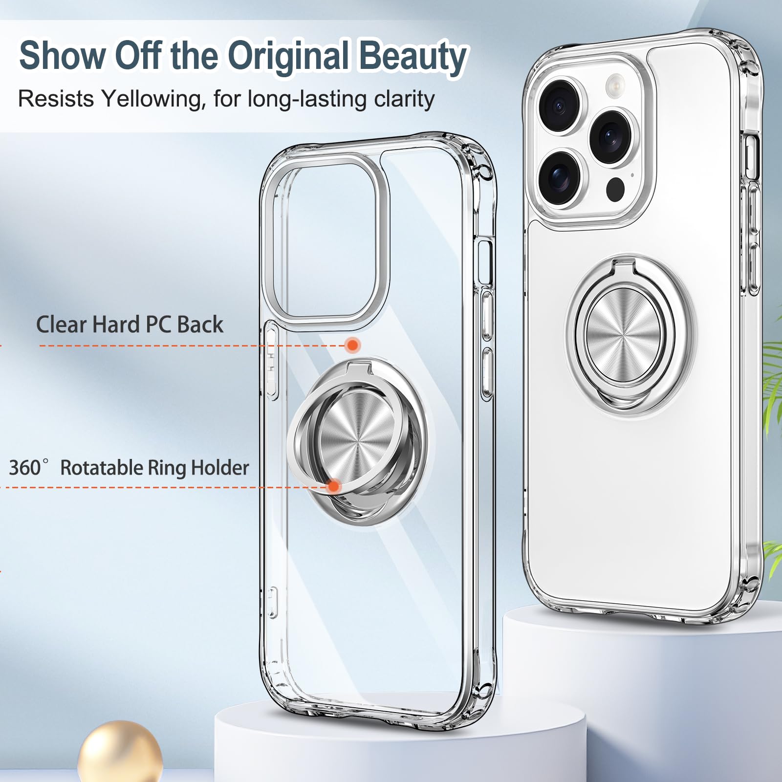 Hython Clear For Iphone 15 Pro Max Case With Ring Stand [360 Rotatable Ring Holder Magnetic Kickstand] [Support Car Mount] Trans