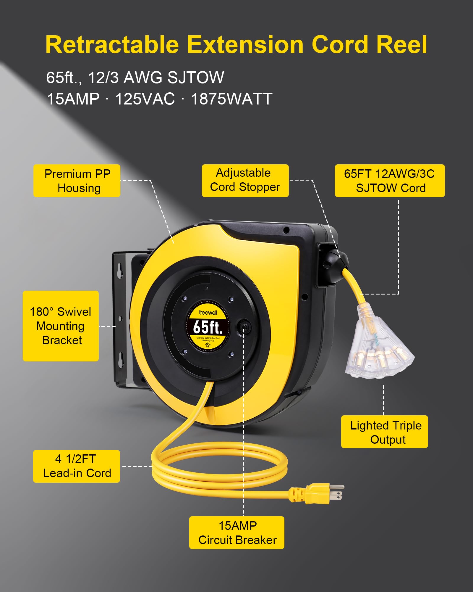 Treewell 65Ft Retractable Extension Cord Reel, 12Awg/3C Sjtow Heavy Duty Power Cord With Lighted Triple Outlets, 15A Circuit Bre