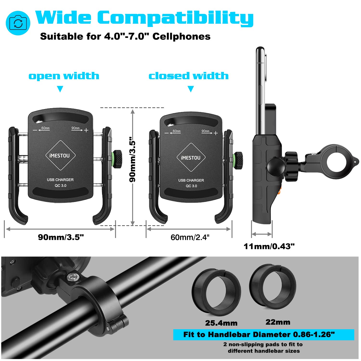 Imestou Motorcycle Phone Mount Usb Charger Handlebar/Rear View Mirror Cellphone Holder Aluminum With 17Mm Ball Works With 12/24V