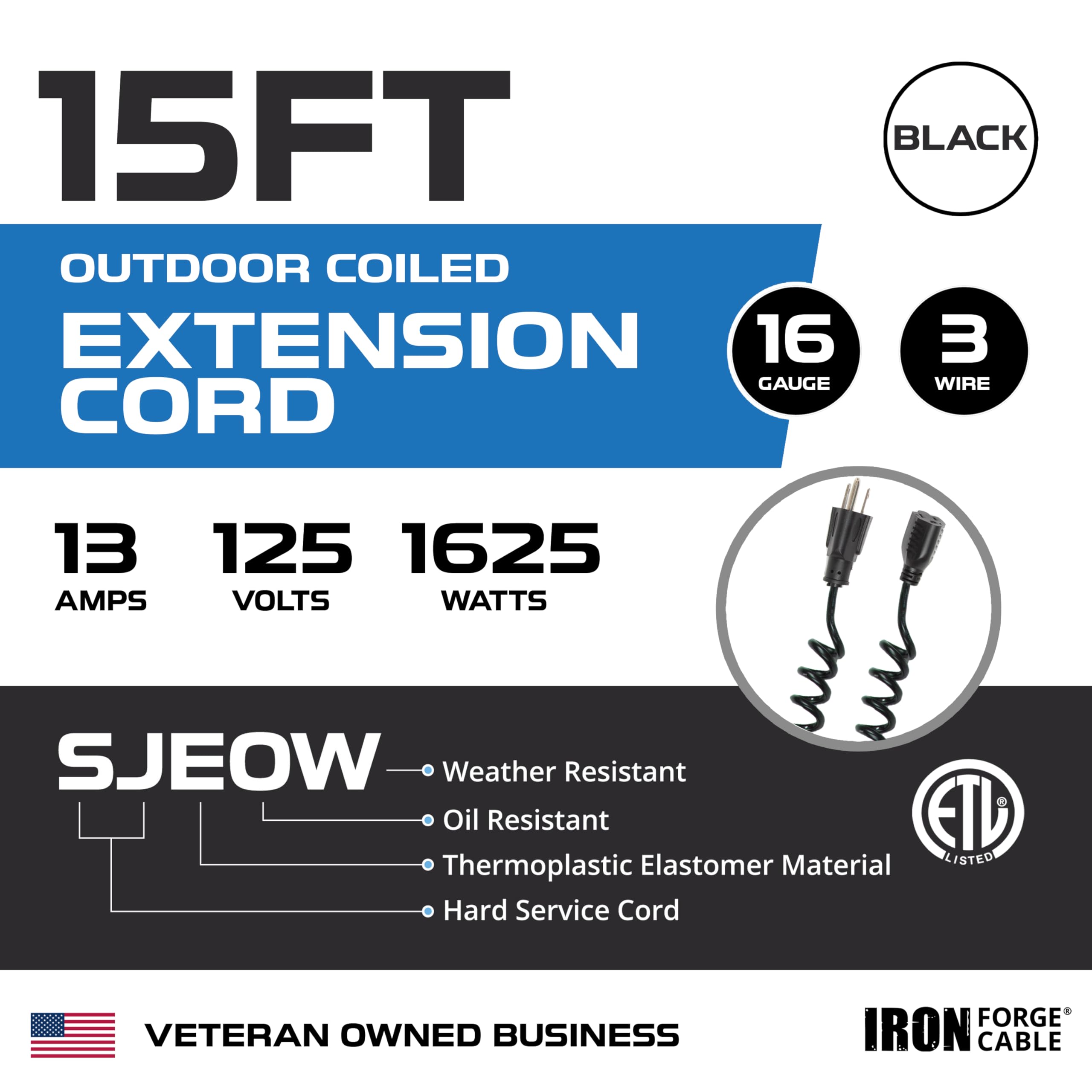 Iron Forge Cable Sjeow Black Outdoor Coiled Extension Cord 15 Ft,13 Amp Oil Resistant & Flame Retardant 3 Prong Coiled Electrica