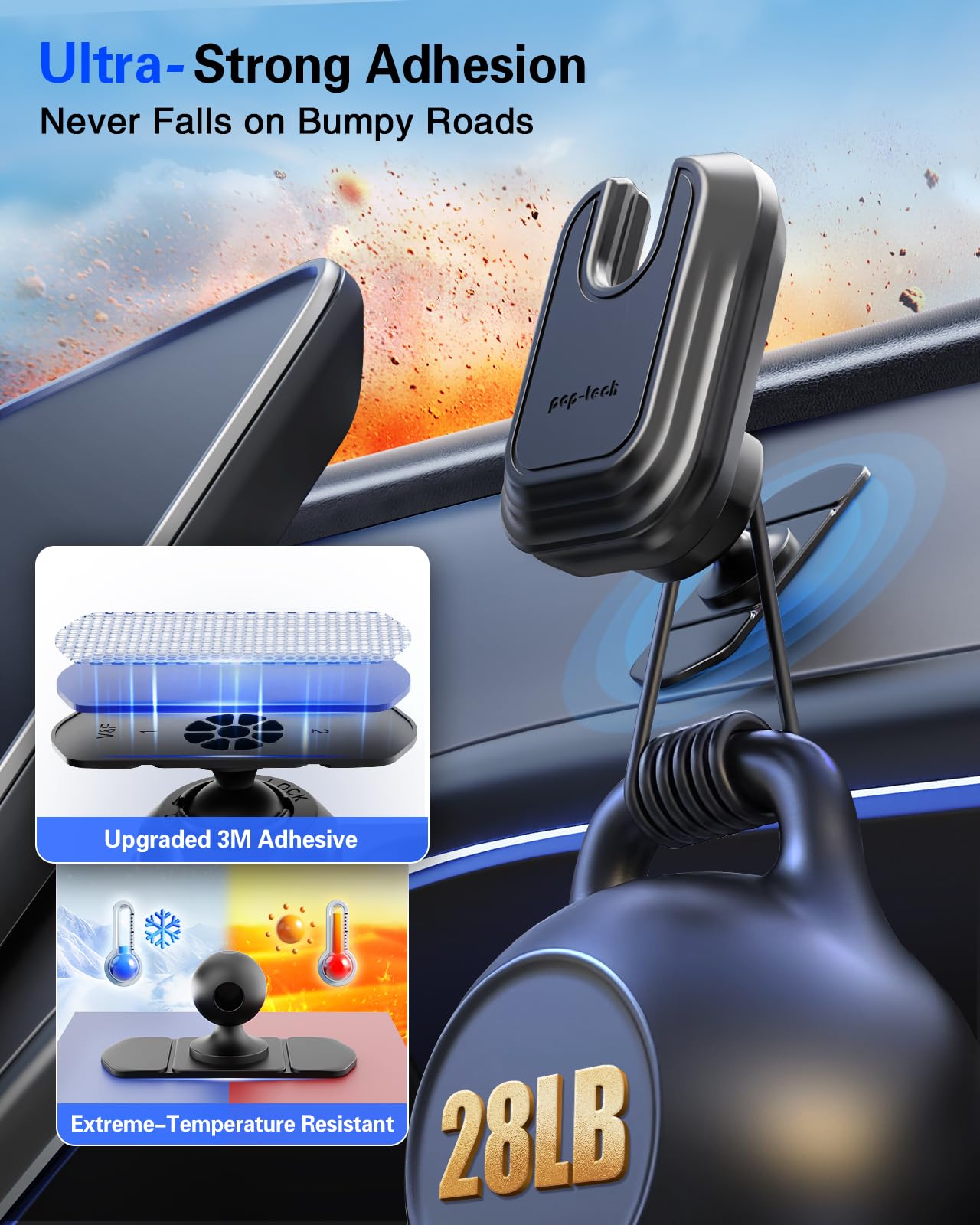 Pop-Tech Car Phone Mount For Socket Grip, Adjustable Strong Sticky Cell Phone Holder, Dashboard Adhesive Socket Car Mount Compat