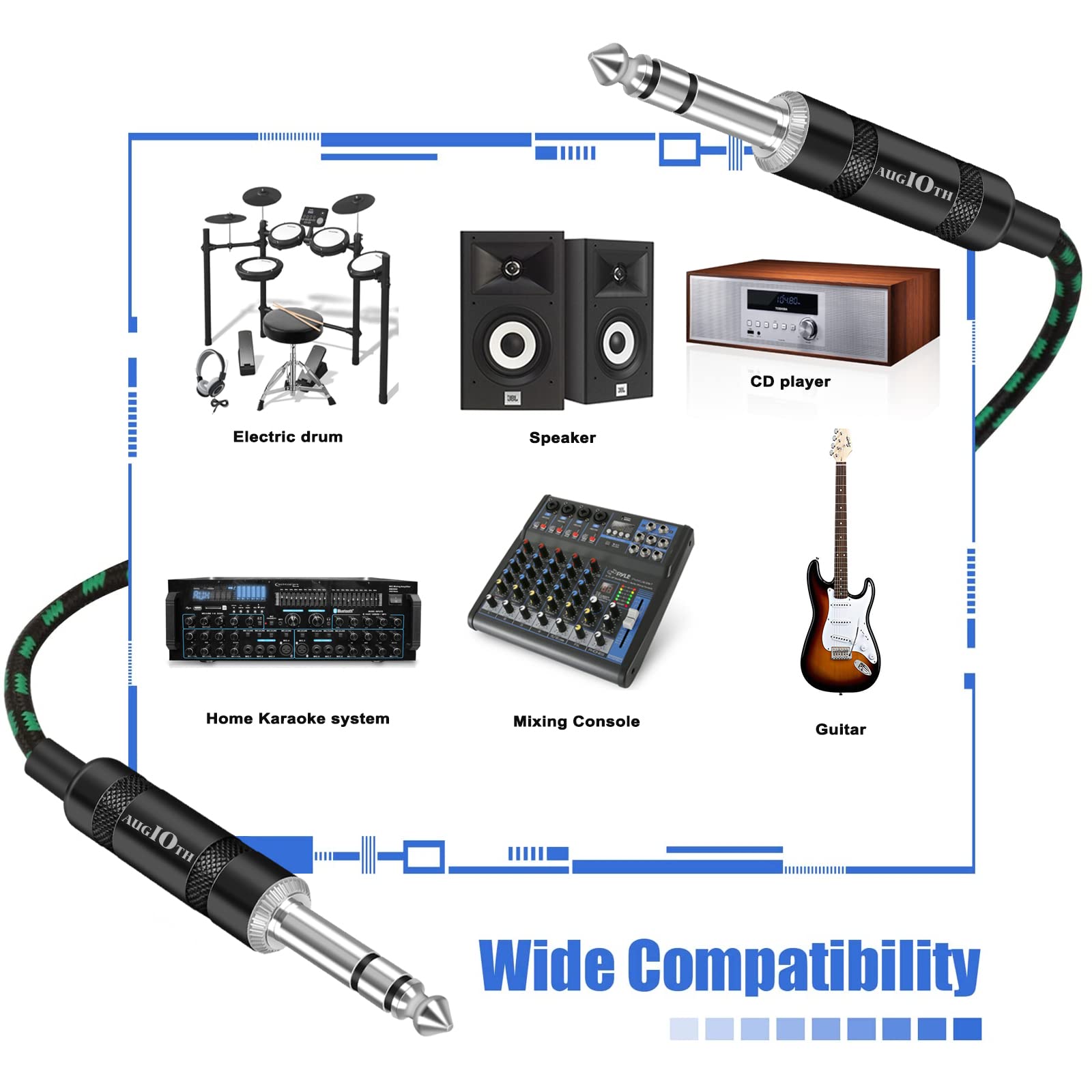 Augioth 1/4 Trs Cable 20Ft, Balance 6.35Mm Trs Plug, Stereo Quarter Inch Trs Male Cable For Power Speaker, Mixer, Amplifier