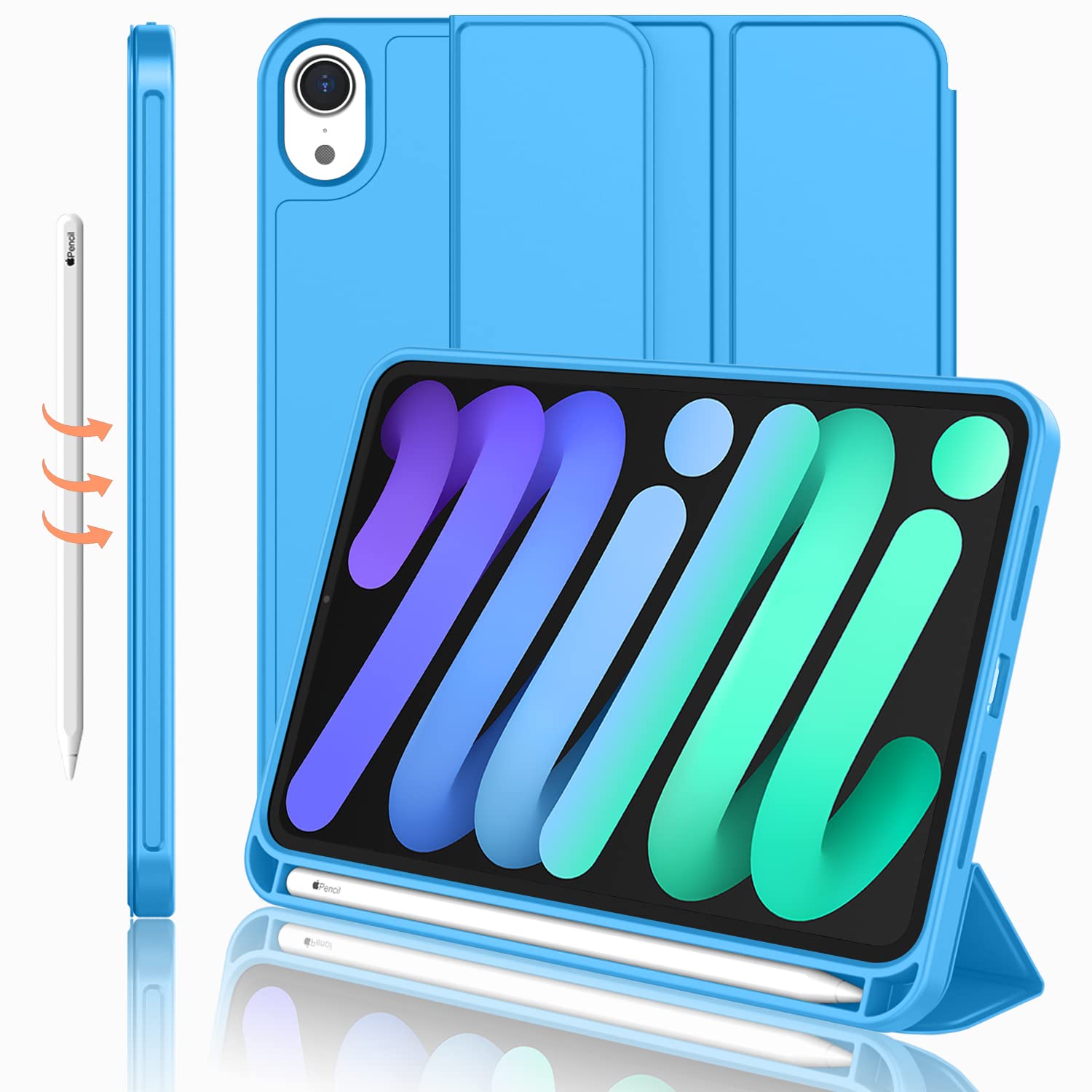 Imieet Ipad Mini 7 Case 2024 (A17 Pro), Ipad Mini 6 Case (8.3 Inch,2021 Model), Ipad Mini 7Th/6Th Generation Case With Pencil Holder, Trifold Stand Smart Case With Soft Tpu Back,Ocean Blue