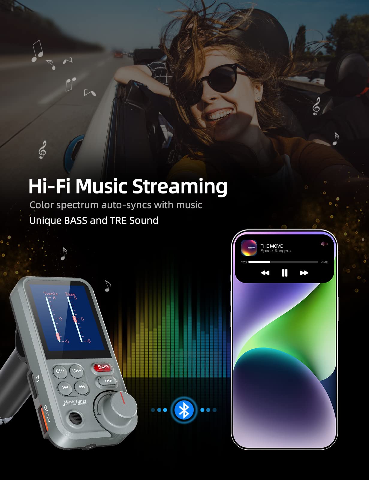 Nulaxy Fm Bluetooth Transmitter For Car, Strong Microphone Bluetooth Car Adapter With 1.8' Color Screen For Hands Free Calls, Supports Qc3.0 Charging, Treble And Bass Sound Music Player  Km30 Grey