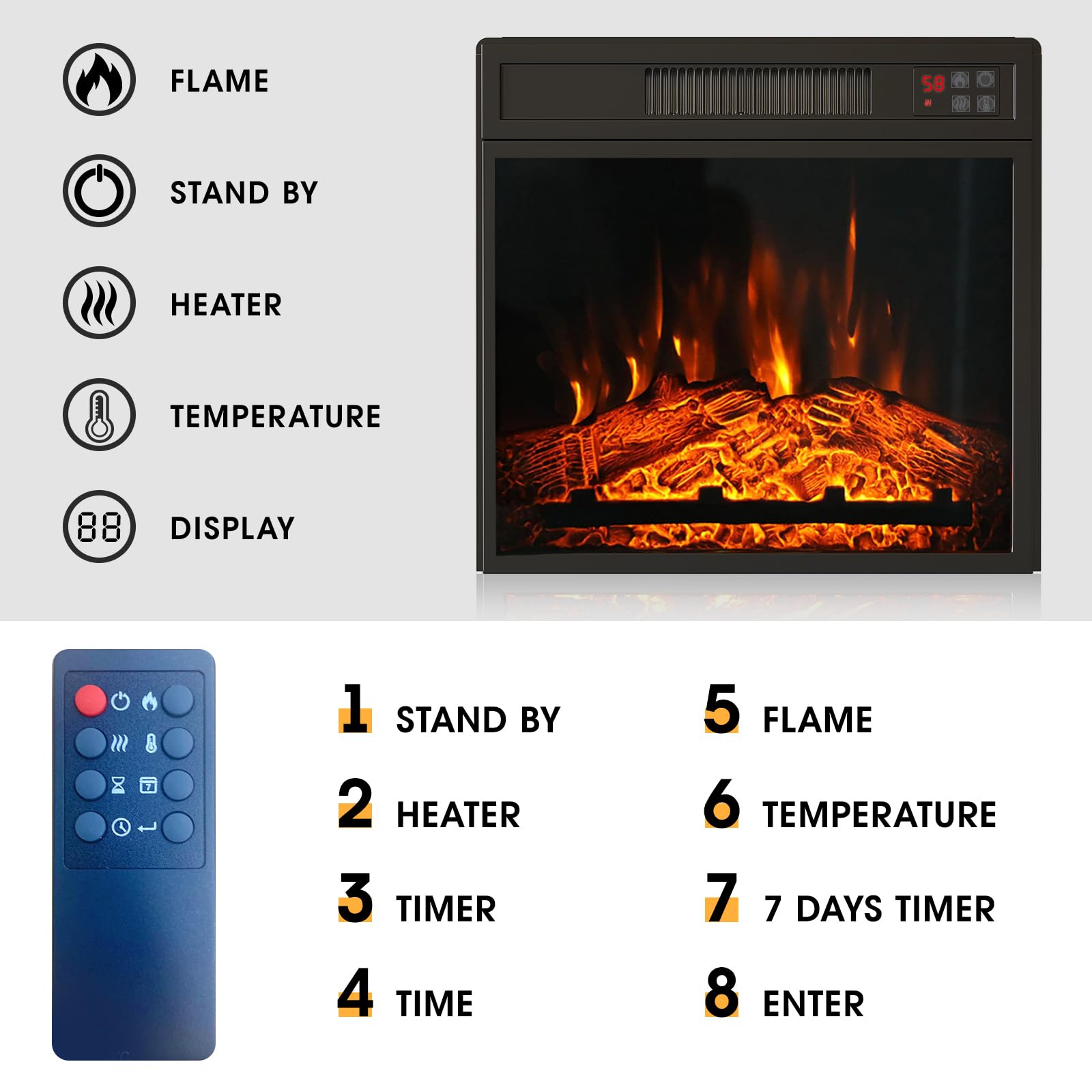 18'' Electric Fireplace Insert, Recessed Fireplace Heater With Low Noise, Remote Control With Timer, Touch Screen, Adjustable Fl