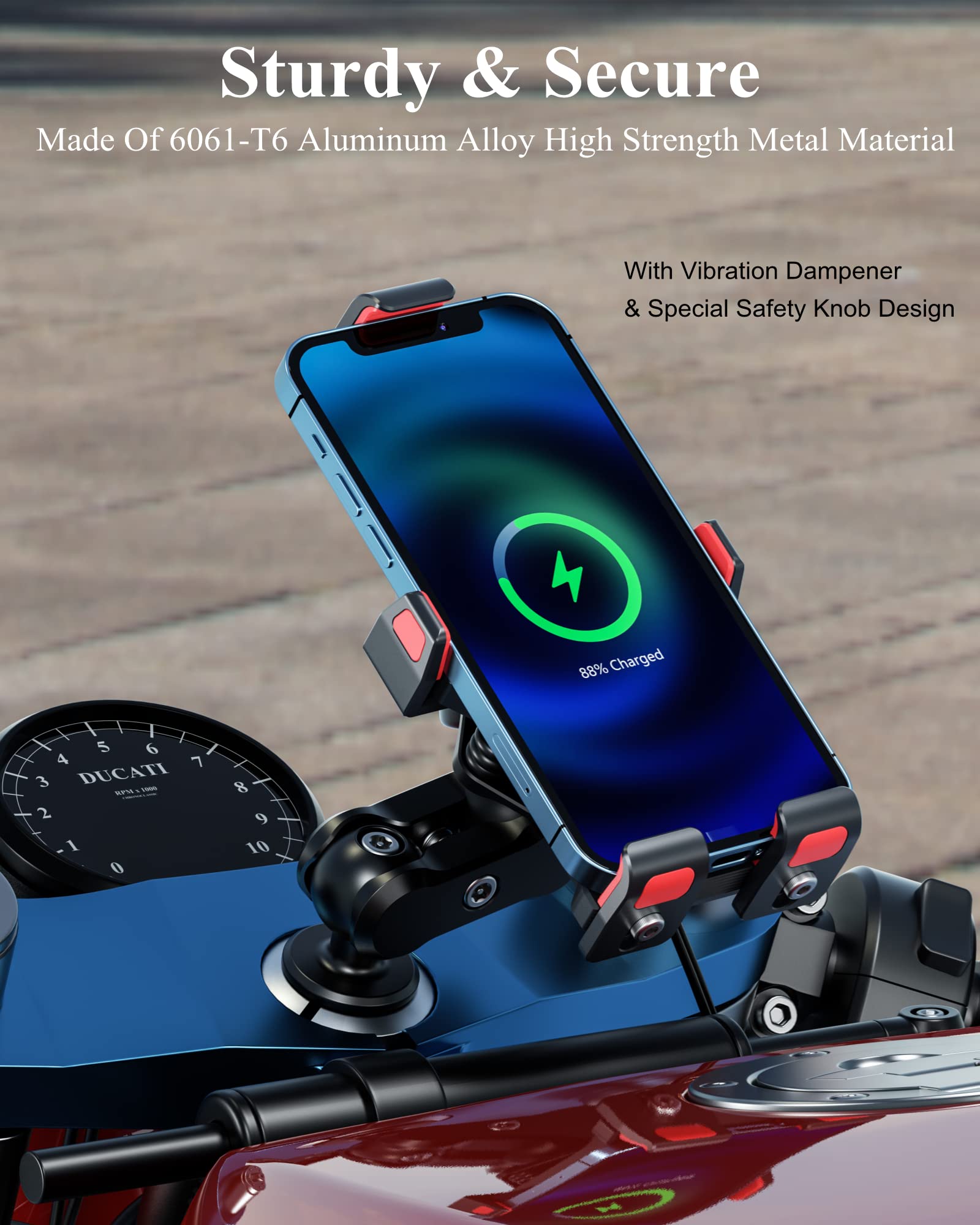 Brcovan Motorcycle Fork Stem Phone Mount With Qi 15W Wireless Charger & Vibration Dampener, Anti-Theft, Anti-Shake, Adjustable,