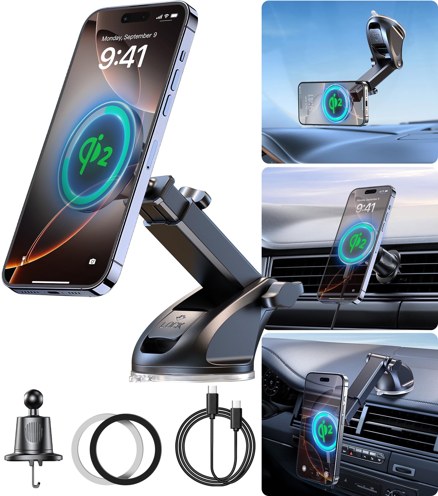 ?Qi2 Certified90Lbs Vacuum Magnetic Suction?15W Fast Wireless Car Charger Mount For Magsafe, 360 Adjustable Arm, Dashboard/Winds