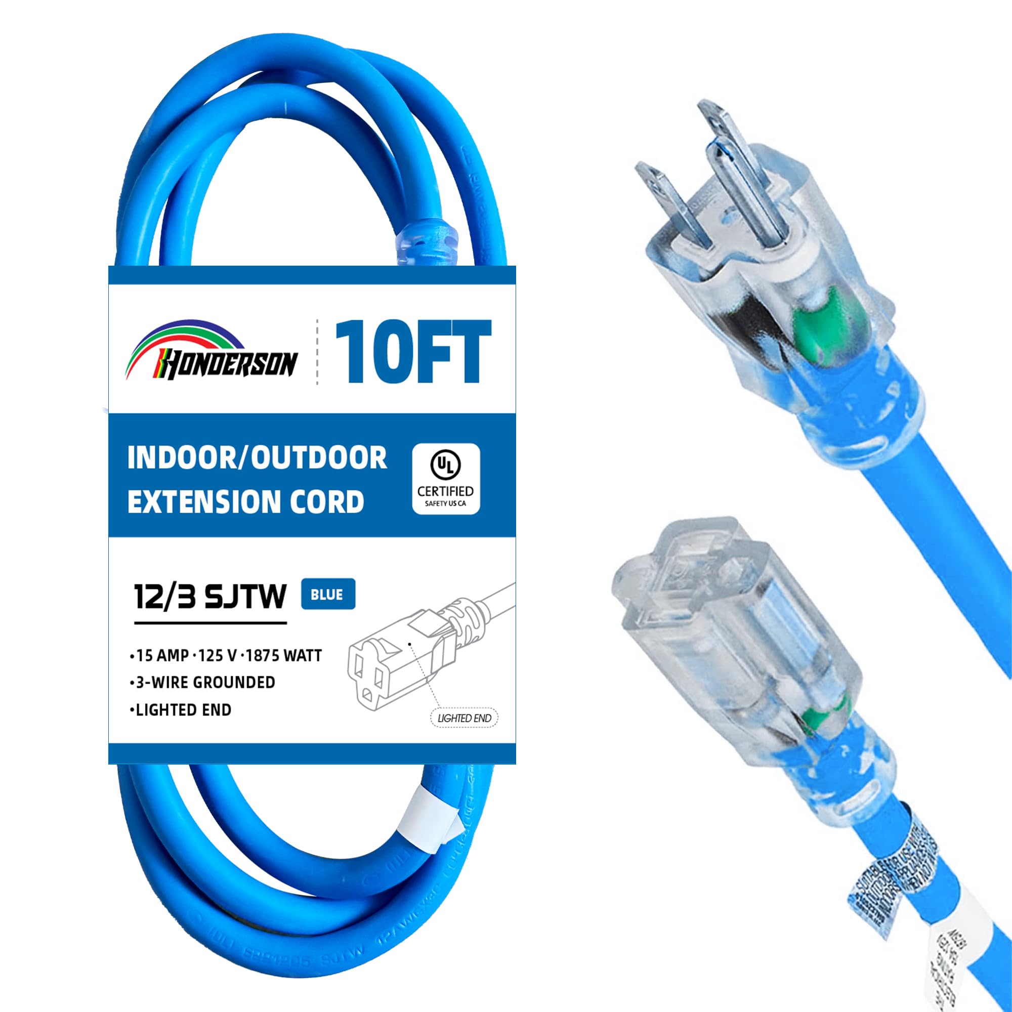 Honderson Indoor Outdoor Extension Cord Weatherproof With Lighted End, Ul Listed, 12 Gauge 10Ft Blue 3 Prong Heavy Duty Extensio