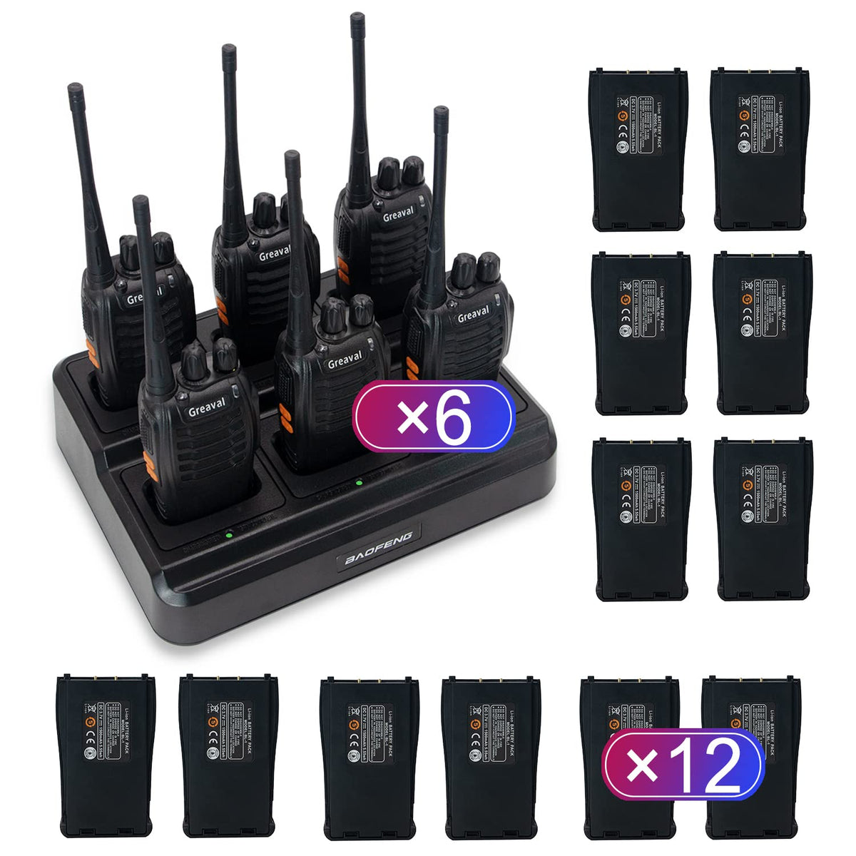 Greaval Gv 8S Long Range Walkie Talkies With Six Way Multi Unit Charger For Adults, 6 Pack Rechargeable Walkie Talkies With 12 Li Ion Batteries, Two Way Radio With Earpieces And Mic