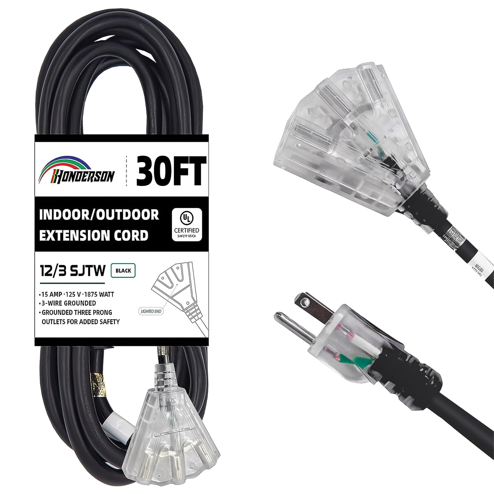 Honderson 3 Outlets Indoor Outdoor Extension Cord Weatherproof With Lighted End, Ul Listed, 12 Gauge 30Ft Black 3 Prong Heavy Du