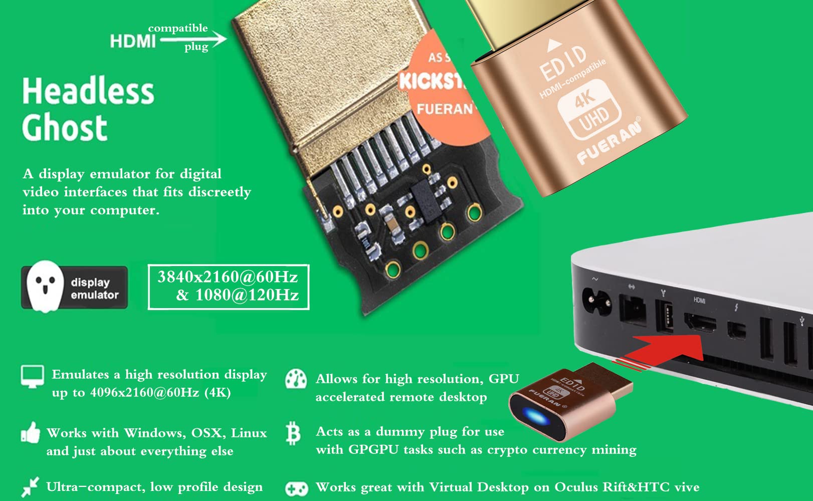 Fueran 2K 4K8K Dummy Plug,Virtual Monitor Display Emulator, Headless Display Adapter Supports Up To 3840X2160@60 1080@120 Hdmi C