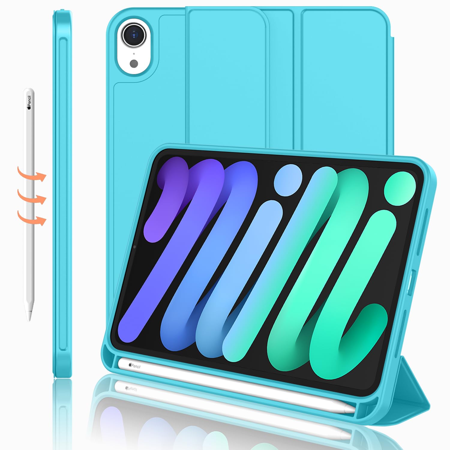 Imieet Ipad Mini 7 Case 2024 (A17 Pro), Ipad Mini 6 Case (8.3 Inch,2021 Model), Ipad Mini 7Th/6Th Generation Case With Pencil Holder, Trifold Stand Smart Case With Soft Tpu Back,Cyan