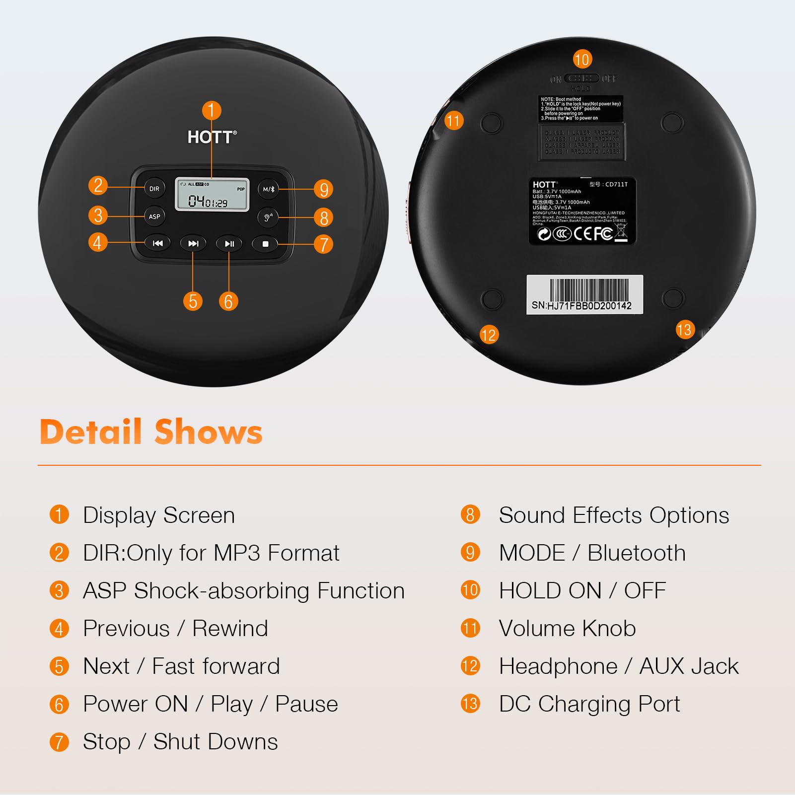 Hott Cd711T Bluetooth Rechargeable Portable Cd Player For Home Travel And Car With Stereo Headphones And, Anti Shock Protection