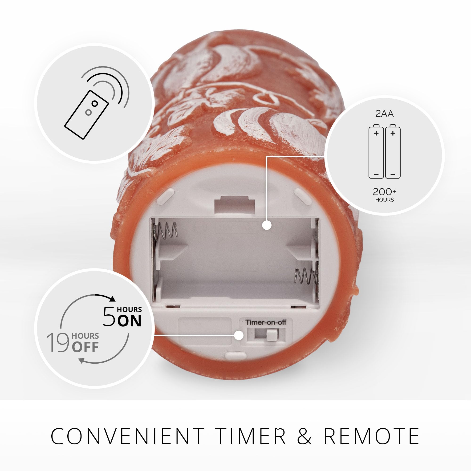 Luminara Embossed Leaves And Pumpkins Moving Flame Pillar Candle 3.25'' X 6.5'' With Recessed Edge Unscented Real Wax Led Batter